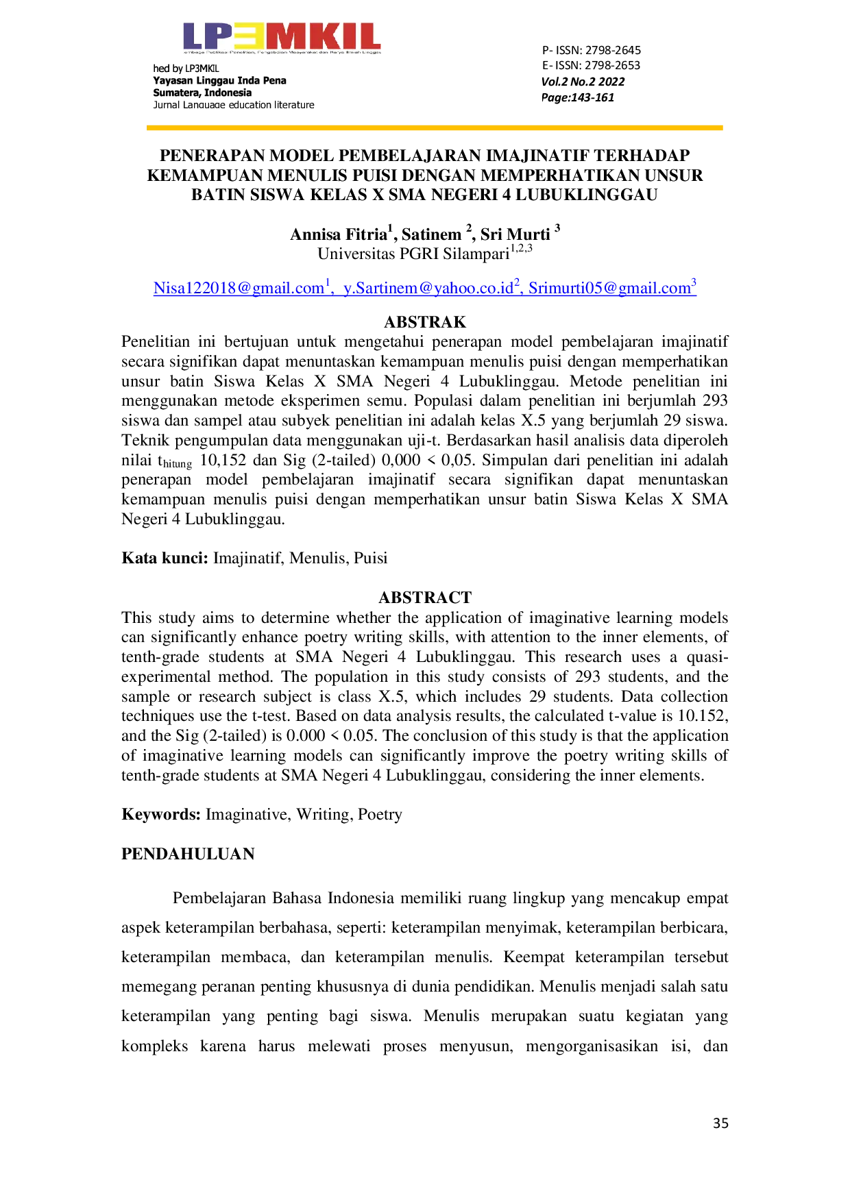 JURIS Penerapan Model Pembelajaran Imajinatif Terhadap Kemampuan Menulis Puisi Dengan Memperhatikan Unsur Batin Siswa Kelas X Sma Negeri 4 Lubuklinggau
