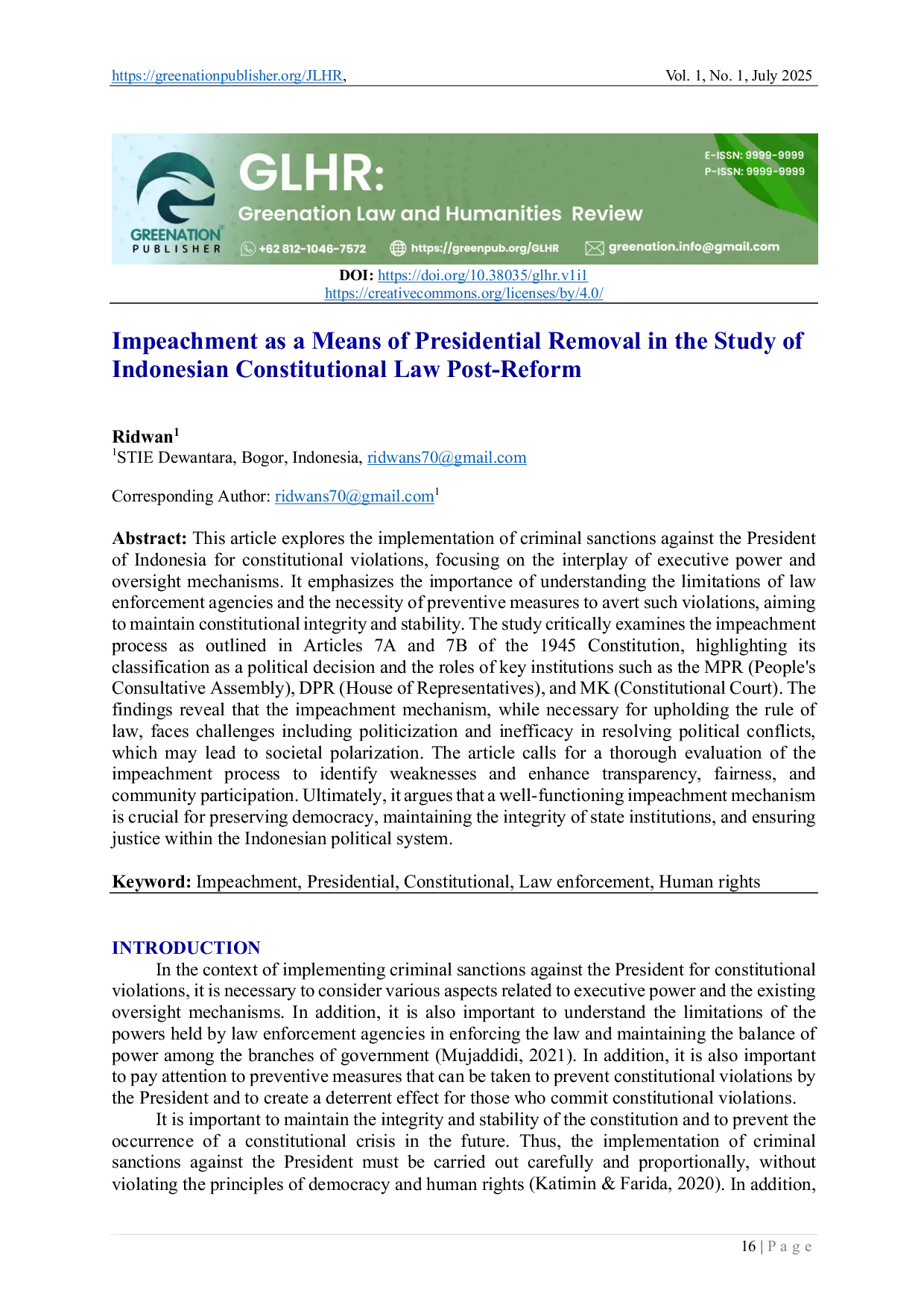 JURIS Impeachment as a Means of Presidential Removal in the Study of Indonesian Constitutional Law Post Reform