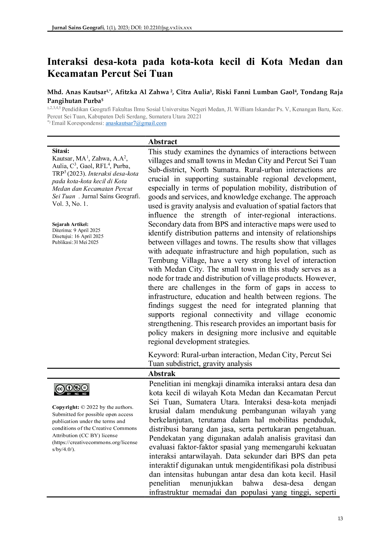 JURIS Interaksi desa kota pada kota kota kecil di Kota Medan dan Kecamatan Percut Sei Tuan