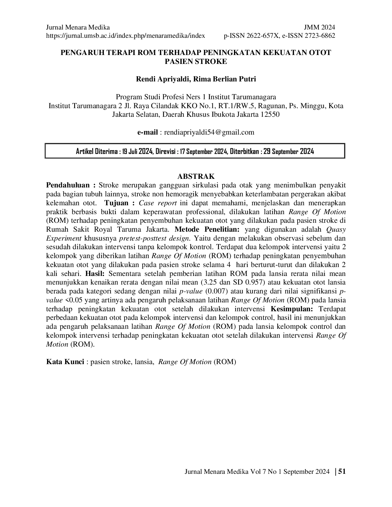 JURIS Pengaruh Terapi ROM Terhadap Peningkatan Kekuatan Otot Pasien Stroke