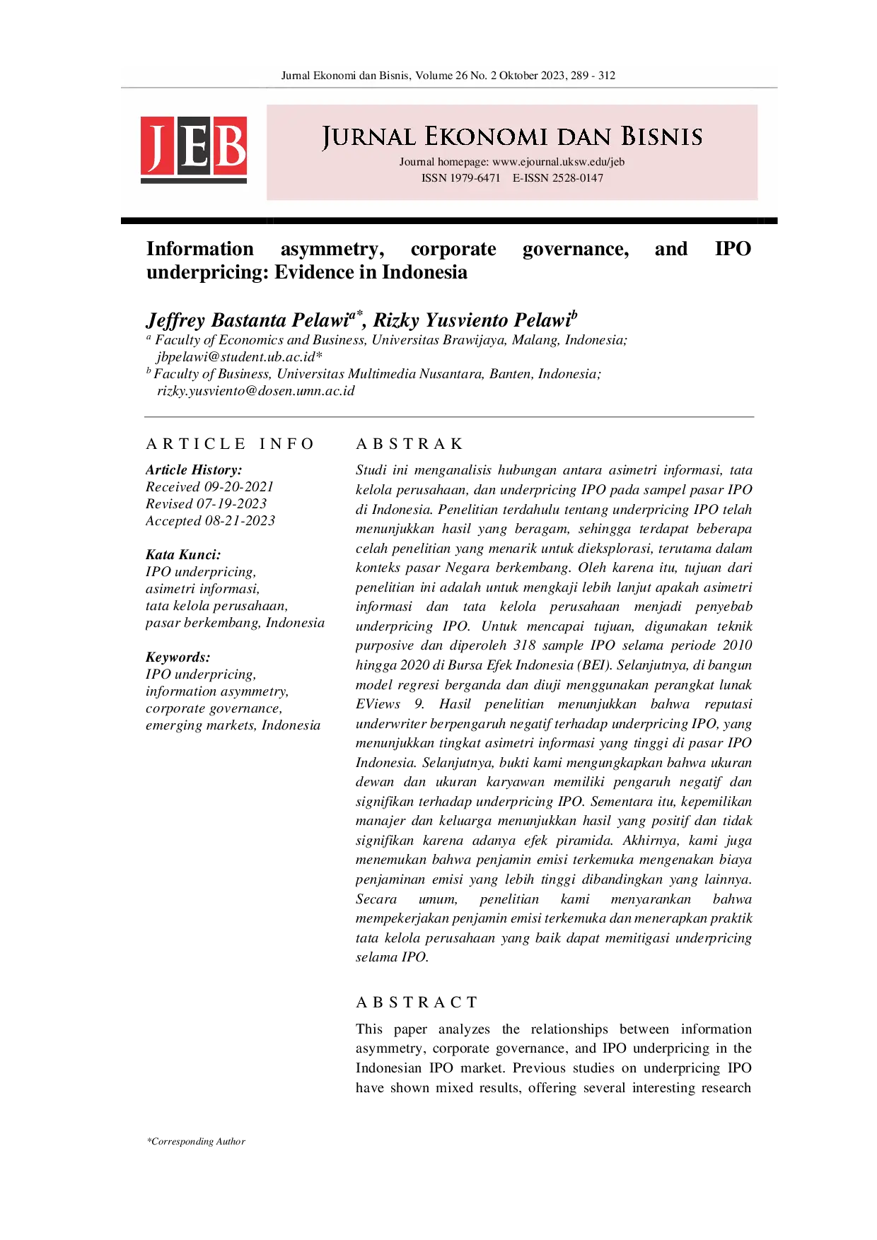 juris Information asymmetry corporate governance and IPO underpricing Evidence in Indonesia