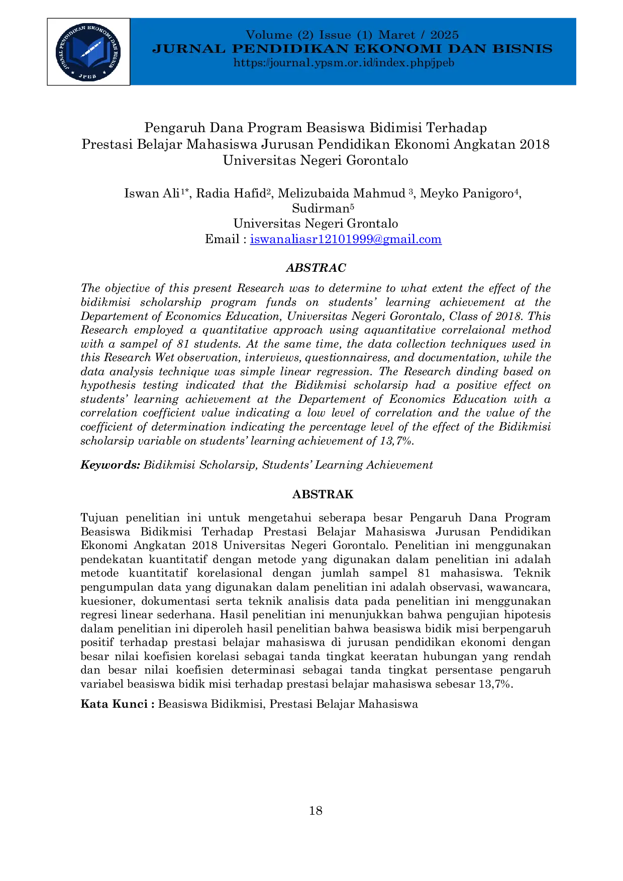 JURIS Pengaruh Dana Program Beasiswa Bidimisi Terhadap Prestasi Belajar Mahasiswa Jurusan Pendidikan Ekonomi Angkatan 2018 Universitas Negeri Gorontalo