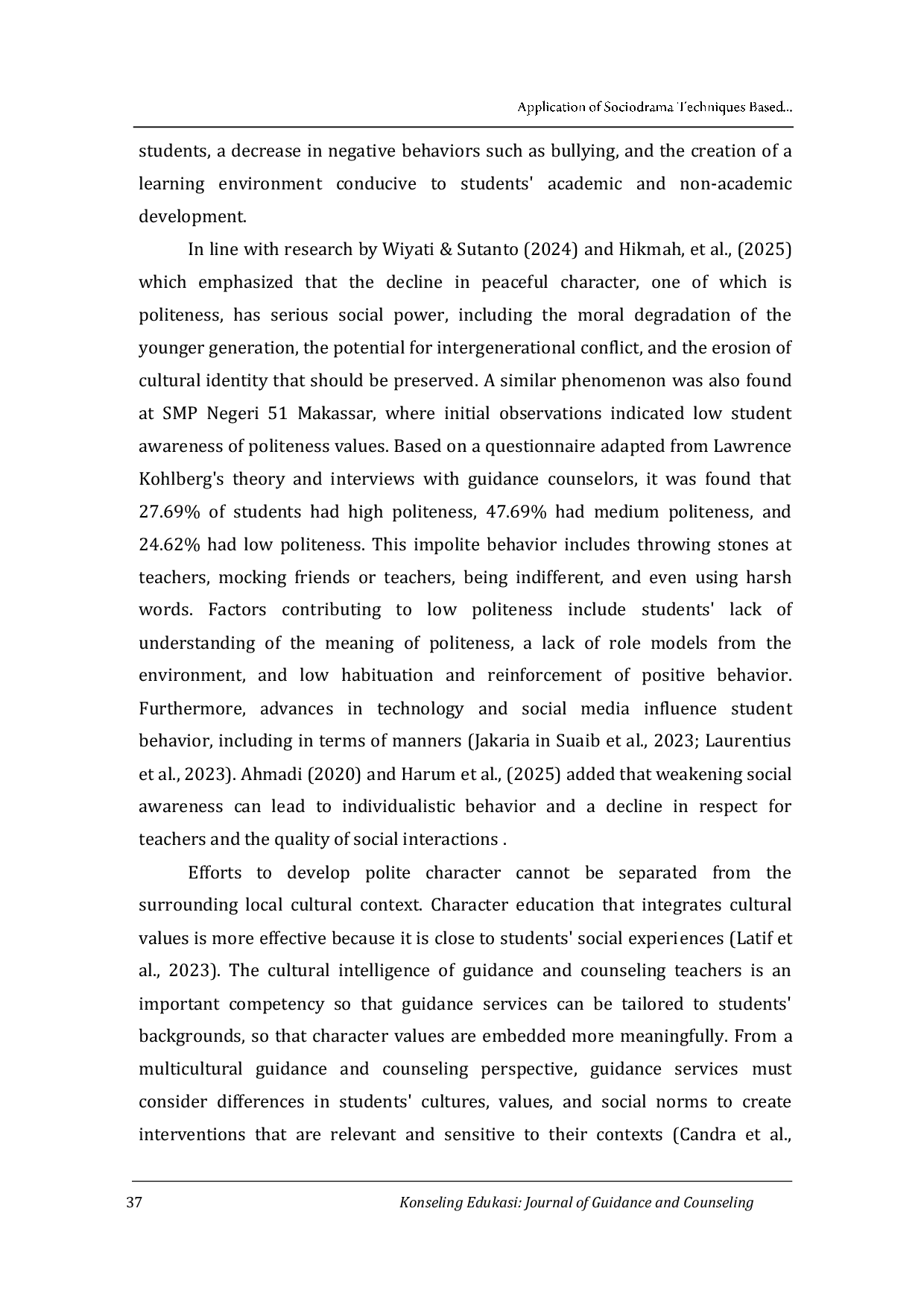 JURIS Application of Sociodrama Techniques Based on Tabe Culture to Improve Polite Character