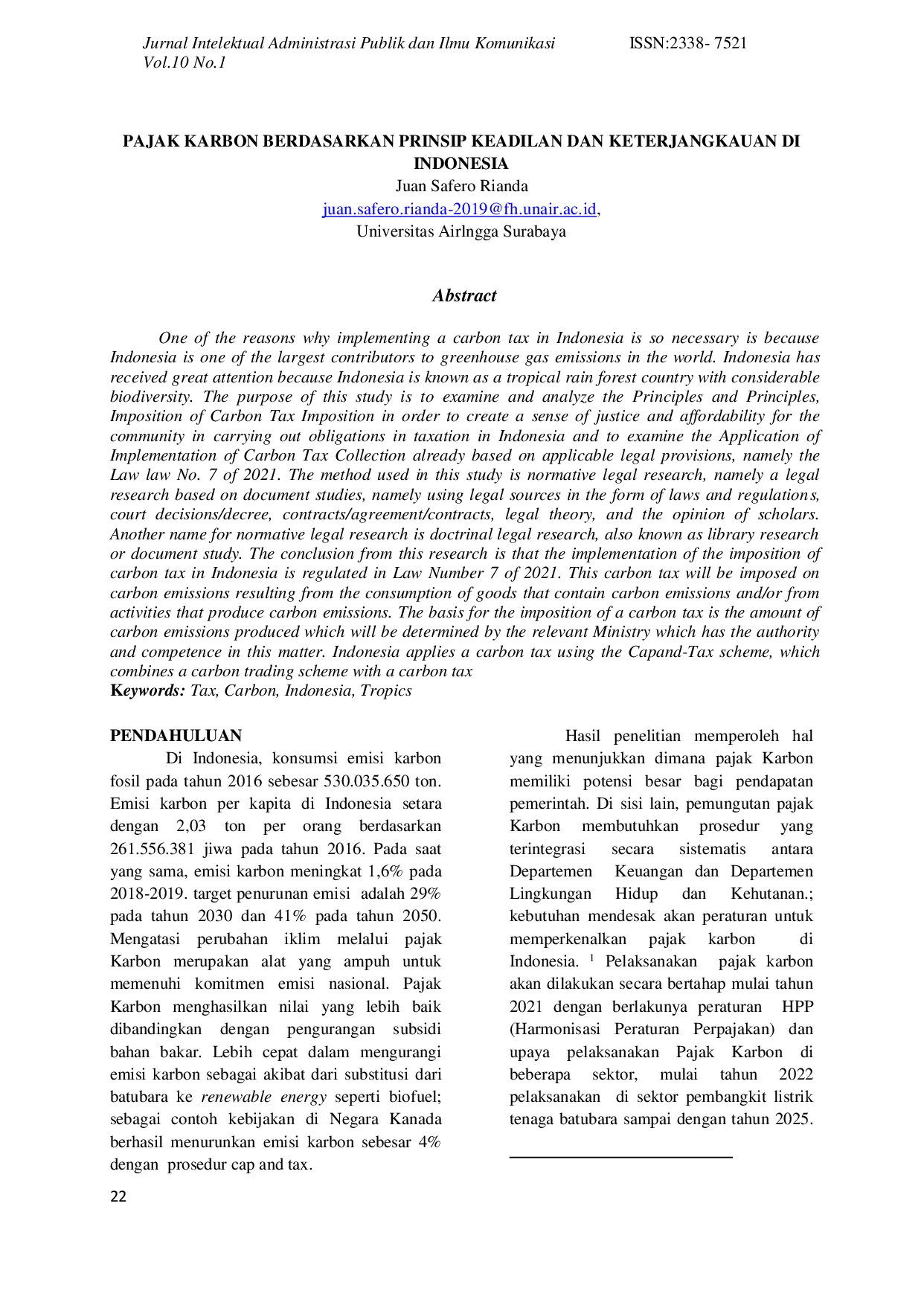 JURIS Pajak Karbon Berdasarkan Prinsip Keadilan dan Keterjangkauan di Indonesia