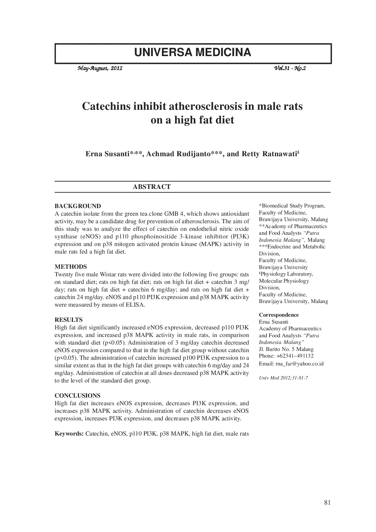 JURIS Katekin Menghambat Proses Aterosklerosis pada Tikus Jantan dengan Diet Lemak Tinggi