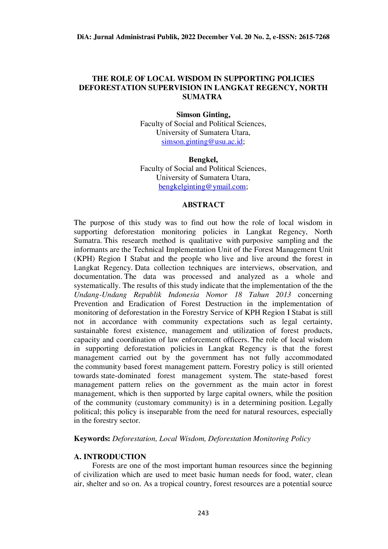 JURIS The Role of Local Wisdom in Supporting Policies Deforestation Supervision in Langkat Regency North Sumatra