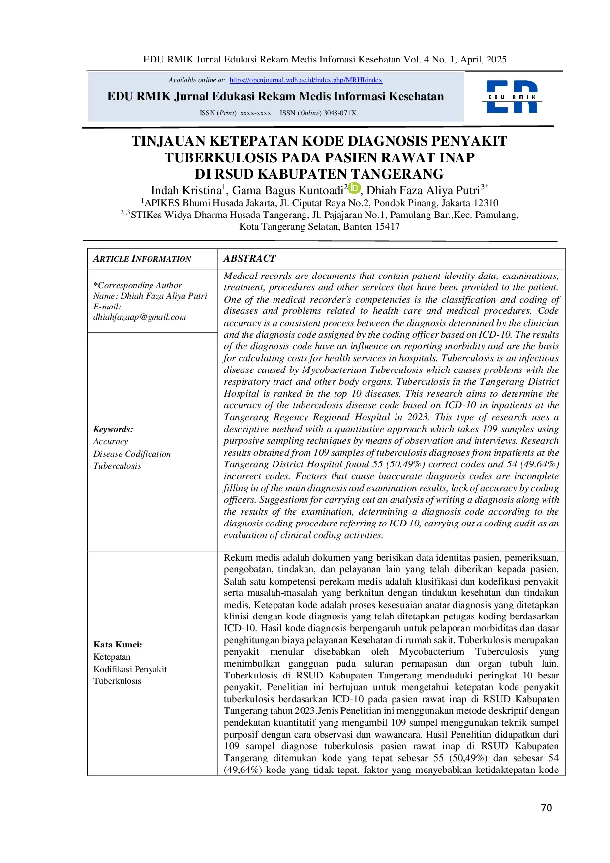 JURIS Tinjauan Ketepatan Kode Diagnosis Penyakit Tuberkulosis Pada Pasien Rawat Inap Di RSUD Kabupaten Tangerang