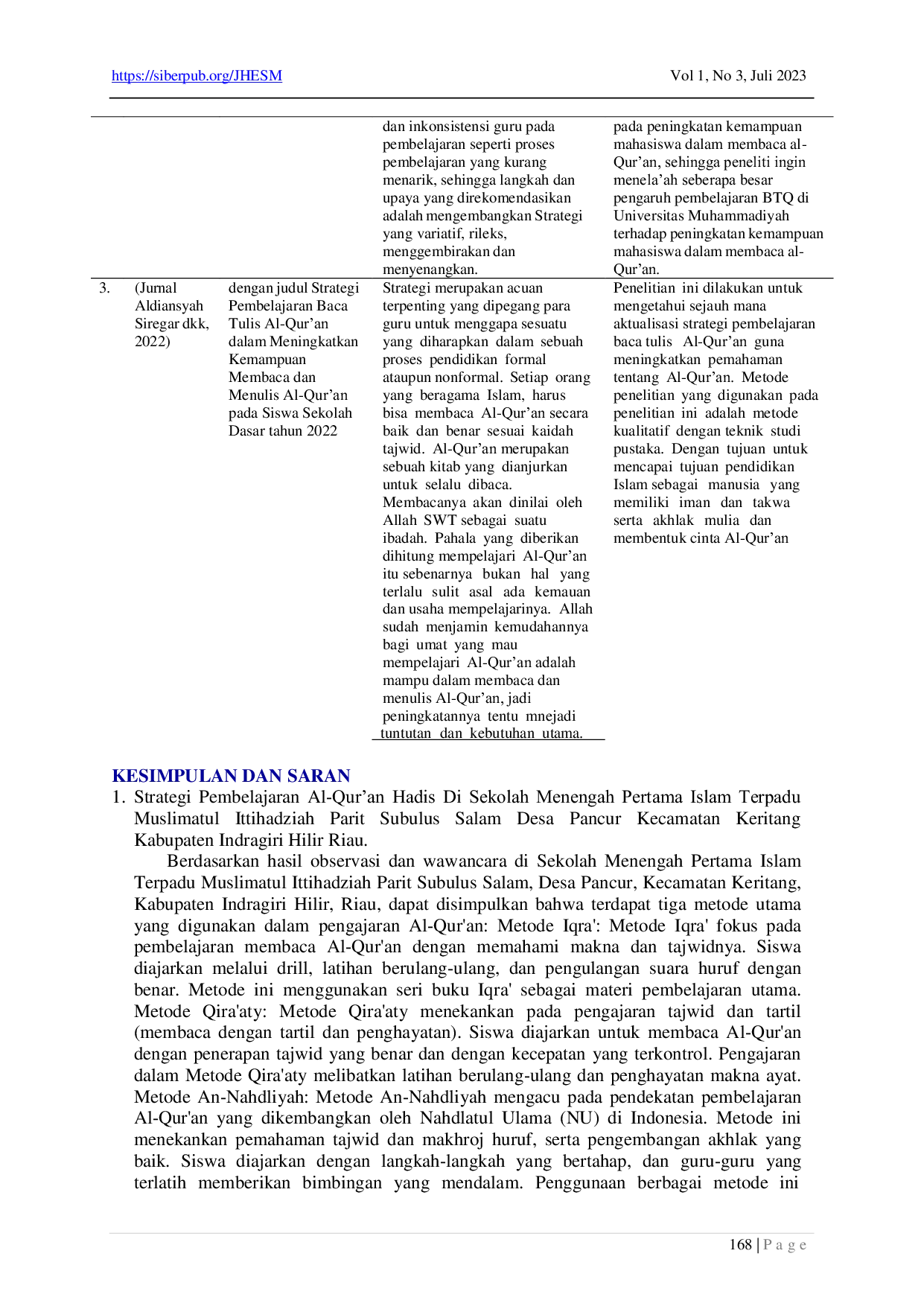 JURIS Strategi Pembelajaran Al Qur an Hadis Dalam Meningkatkan Kemampuan Membaca Al Qur an Siswa Disekolah Menengah Pertama Islam Terpadu Muslimatul Ittihadziah Parit Subulus Salam Desa Pancur Kecamatan Ker