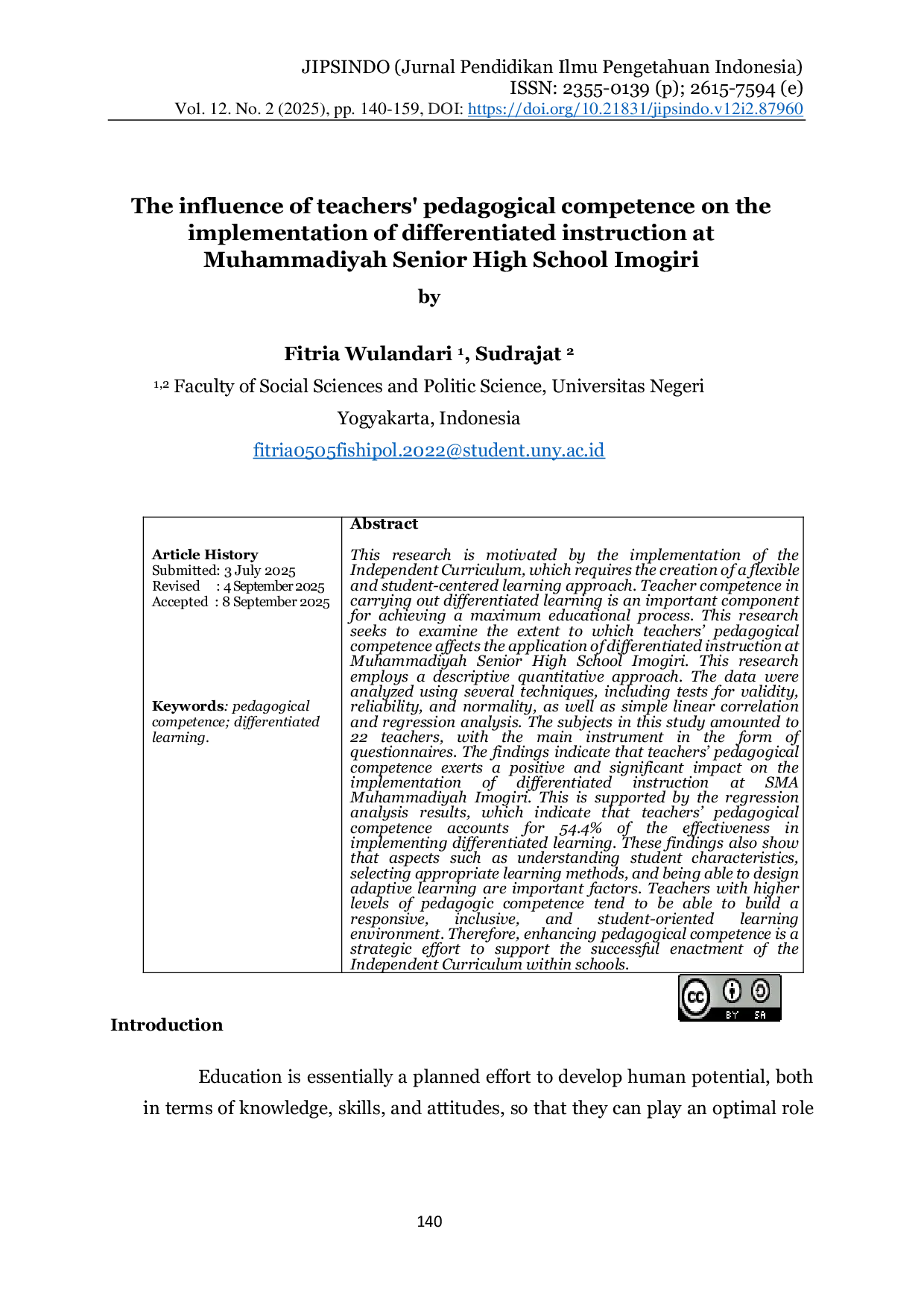 JURIS The Influence of Teachers Pedagogical Competence on the Implementation of Differentiated Instruction at Muhammadiyah Senior High School Imogiri