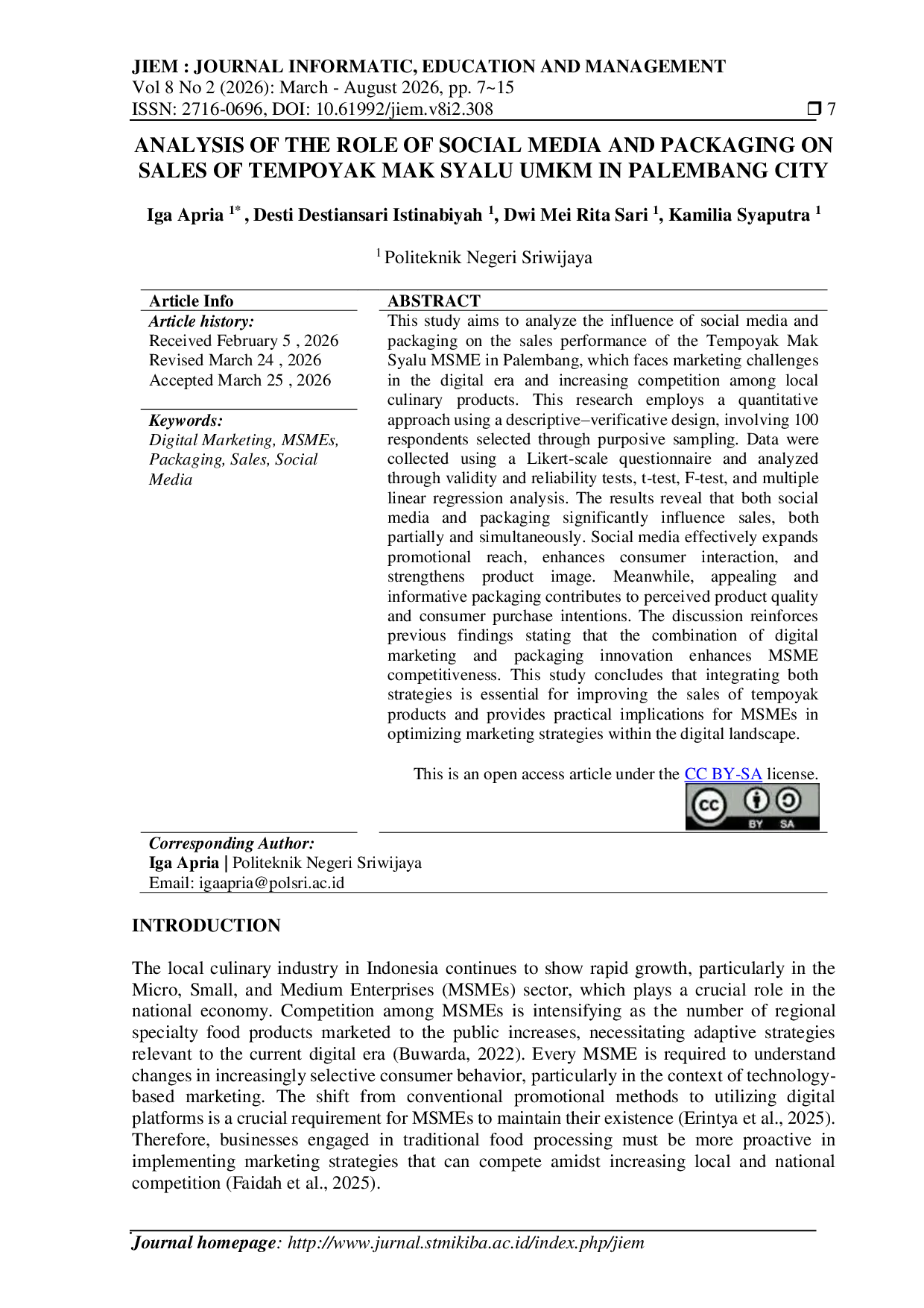 JURIS Analysis Of The Role Of Social Media And Packaging On Sales Of Tempoyak Mak Syalu Ukm In Palembang City