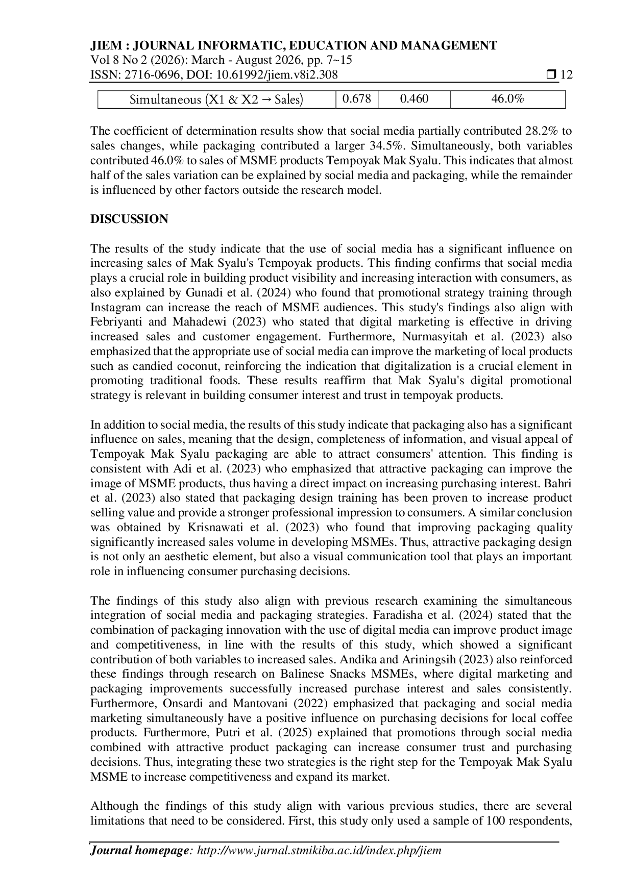 JURIS Analysis Of The Role Of Social Media And Packaging On Sales Of Tempoyak Mak Syalu Ukm In Palembang City
