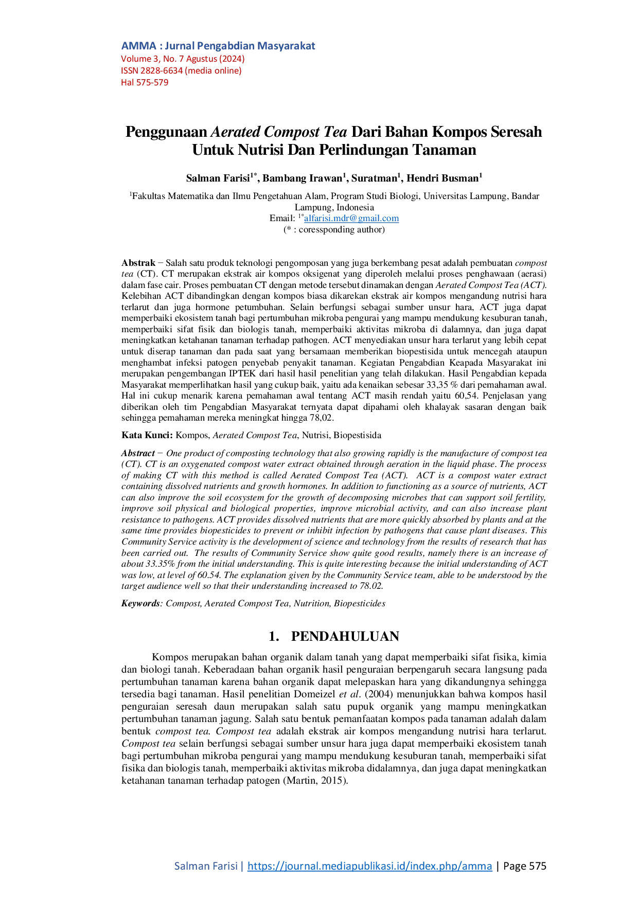JURIS Penggunaan Aerated Compost Tea Dari Bahan Kompos Seresah Untuk Nutrisi Dan Perlindungan Tanaman