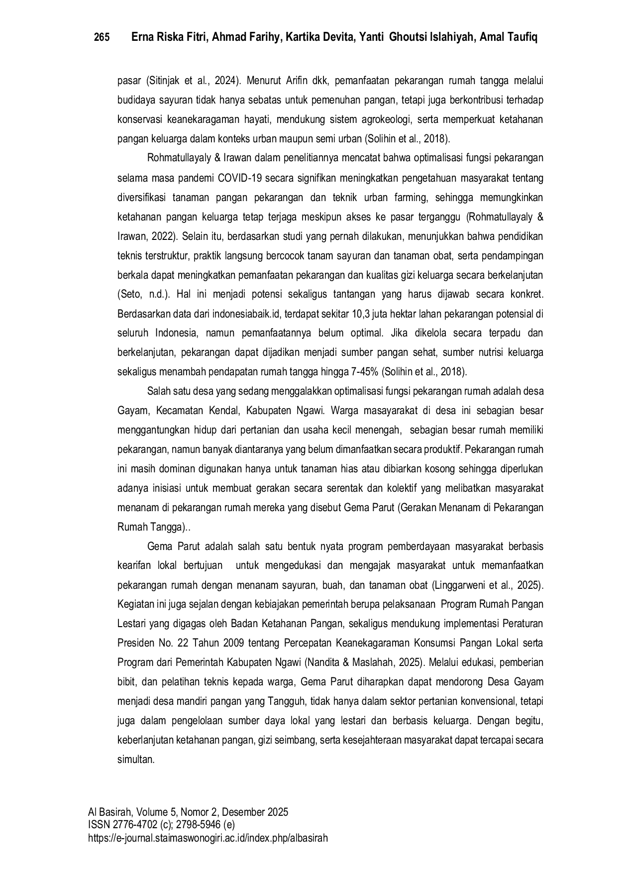 JURIS Pemanfaatan Pekarangan Rumah Sebagai Strategi Pemberdayaan Ketahanan Pangan Di Desa Gayam Kecamatan Kendal Kabupaten Ngawi Jawa Timur