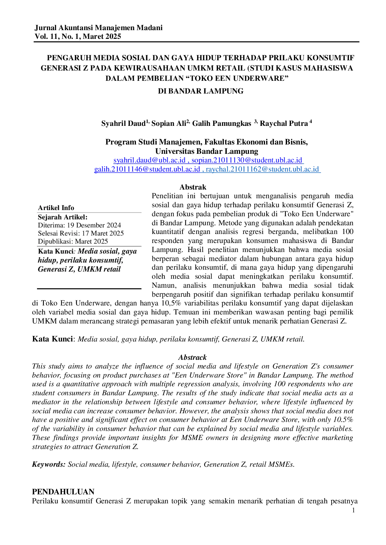 JURIS Pengaruh Media Sosial dan Gaya Hidup Terhadap Perilaku Konsumtif Generasi Z pada Kewirausahaan UMKM Retail Studi Kasus Mahasiswa dalam Pembelian Toko EEN Underware di Bandar Lampung