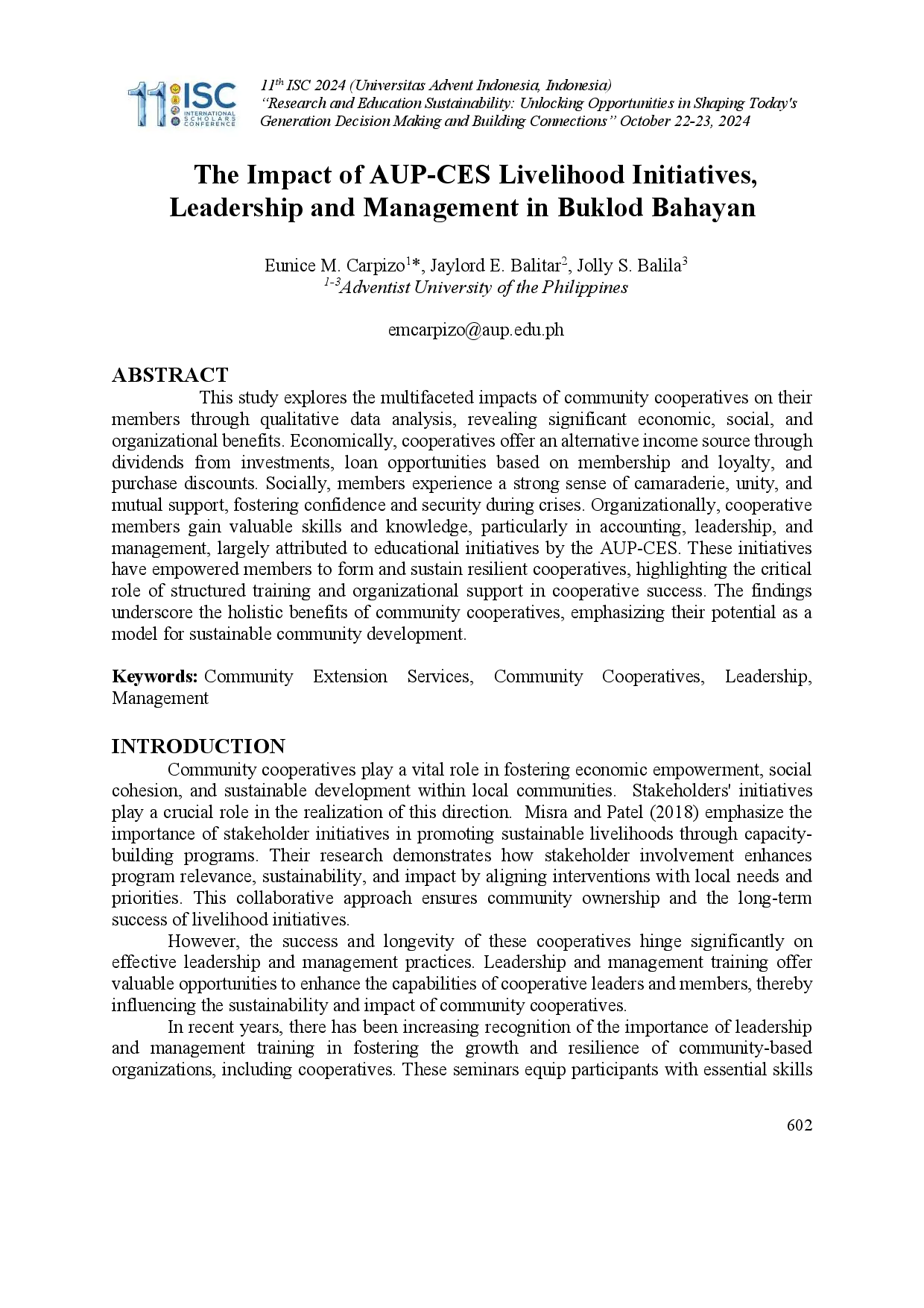 juris The Impact of AUP CES Livelihood Initiatives Leadership and Management in Buklod Bahayan