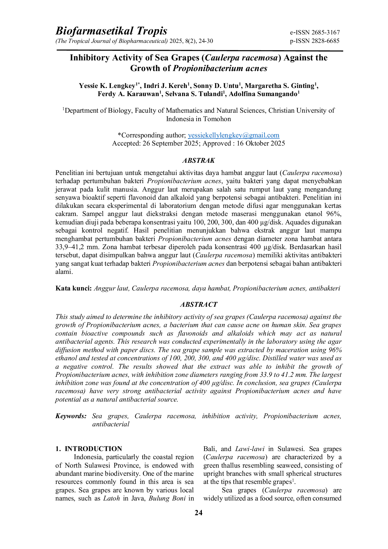 JURIS Inhibitory Activity of Sea Grapes Caulerpa racemosa Against the Growth of Propionibacterium acnes