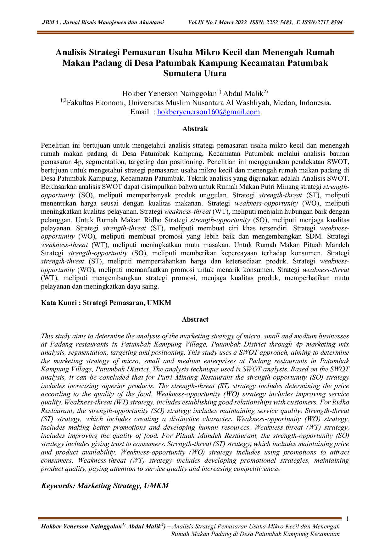 JURIS Analisis Strategi Pemasaran Usaha Mikro Kecil dan Menengah Rumah Makan Padang di Desa Patumbak Kampung Kecamatan Patumbak