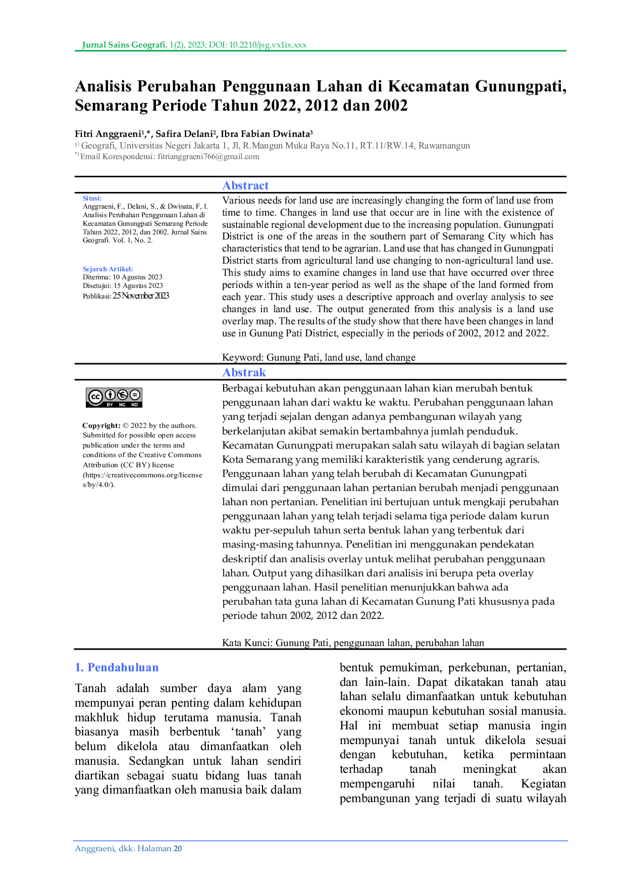 JURIS Analisis Perubahan Penggunaan Lahan di Kecamatan Gunungpati Semarang Periode Tahun 2022 2012 dan 2002
