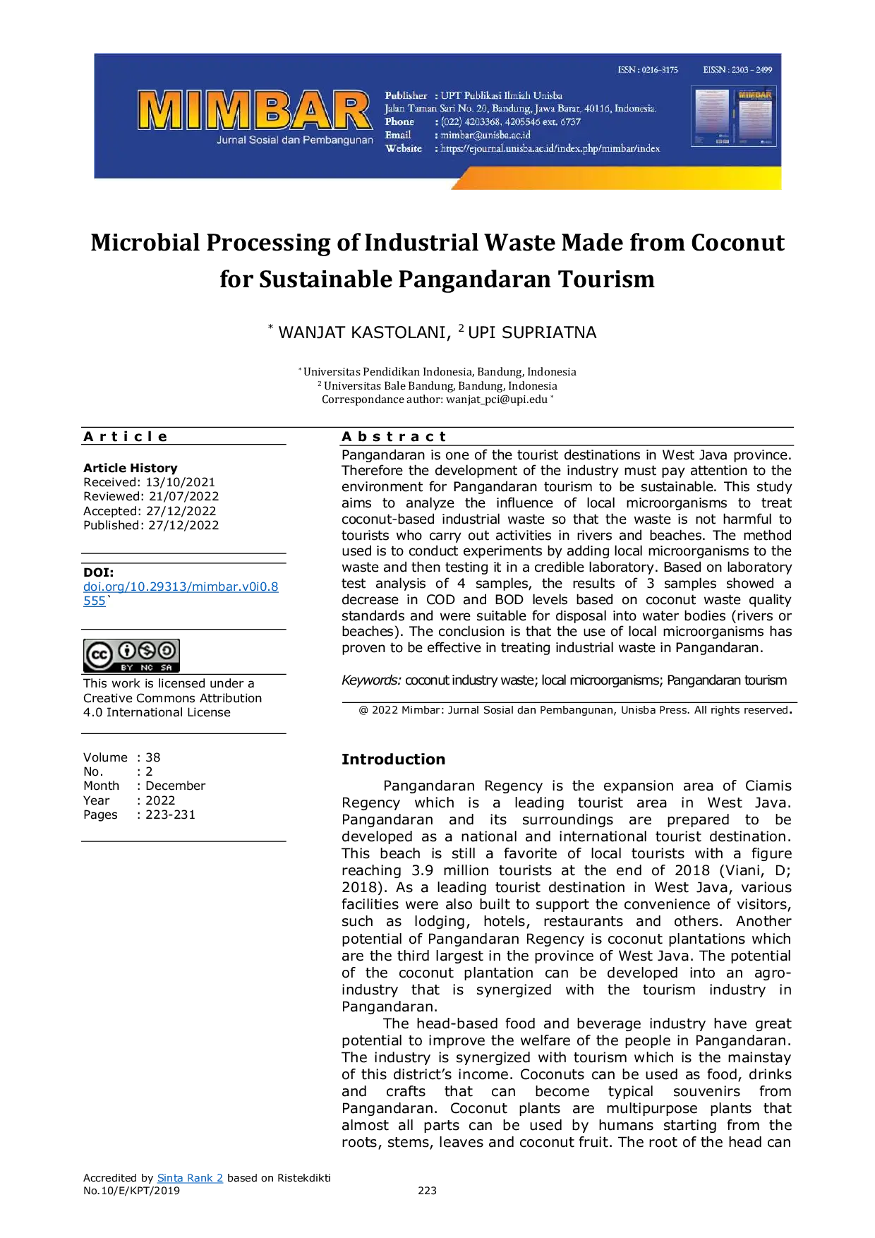 JURIS Microbial Processing of Industrial Waste Made from Coconut for Sustainable Pangandaran Tourism
