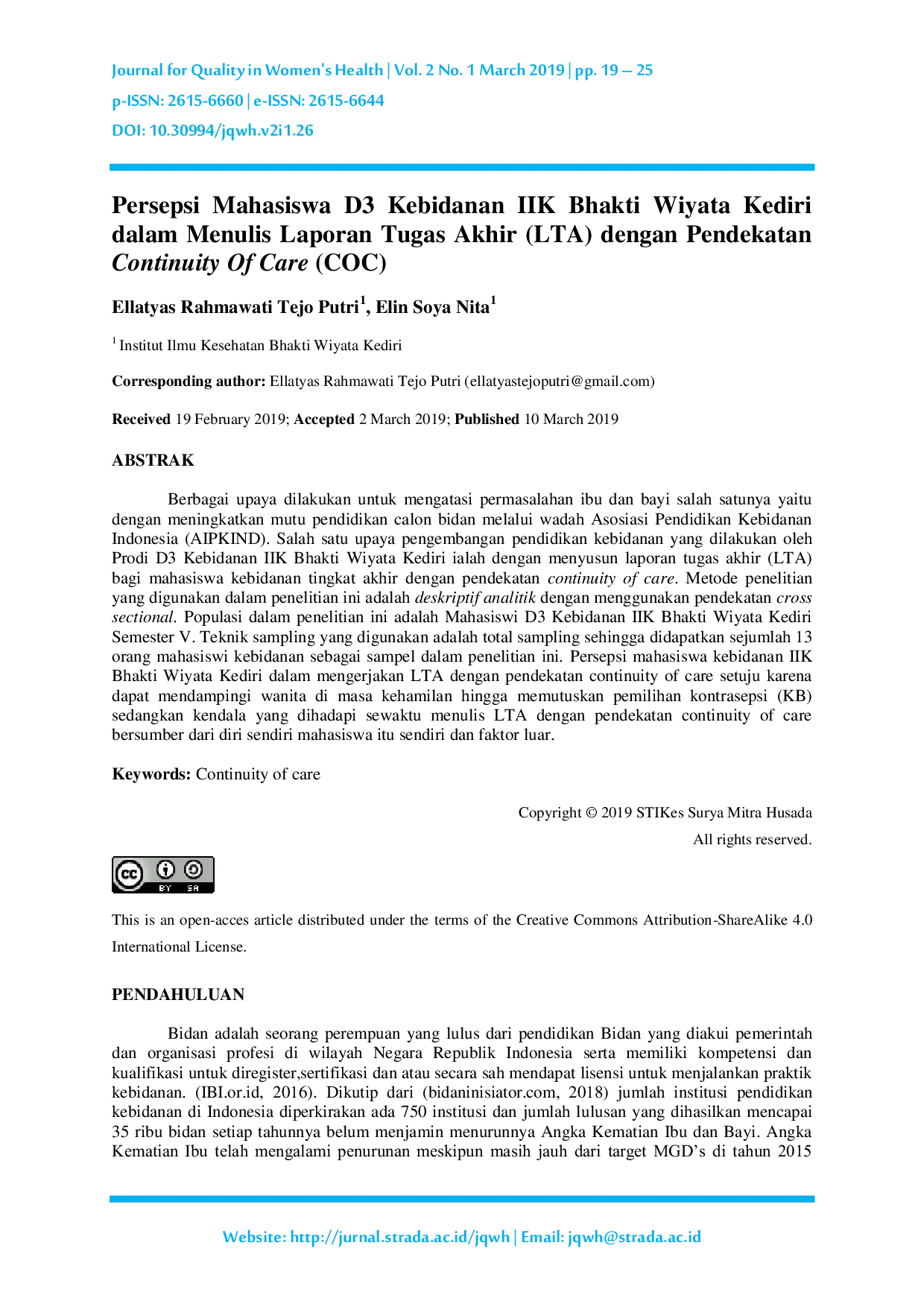 JURIS Persepsi Mahasiswa D3 Kebidanan IIK Bhakti Wiyata Kediri dalam Menulis Laporan Tugas Akhir LTA dengan Pendekatan Continuity Of Care COC
