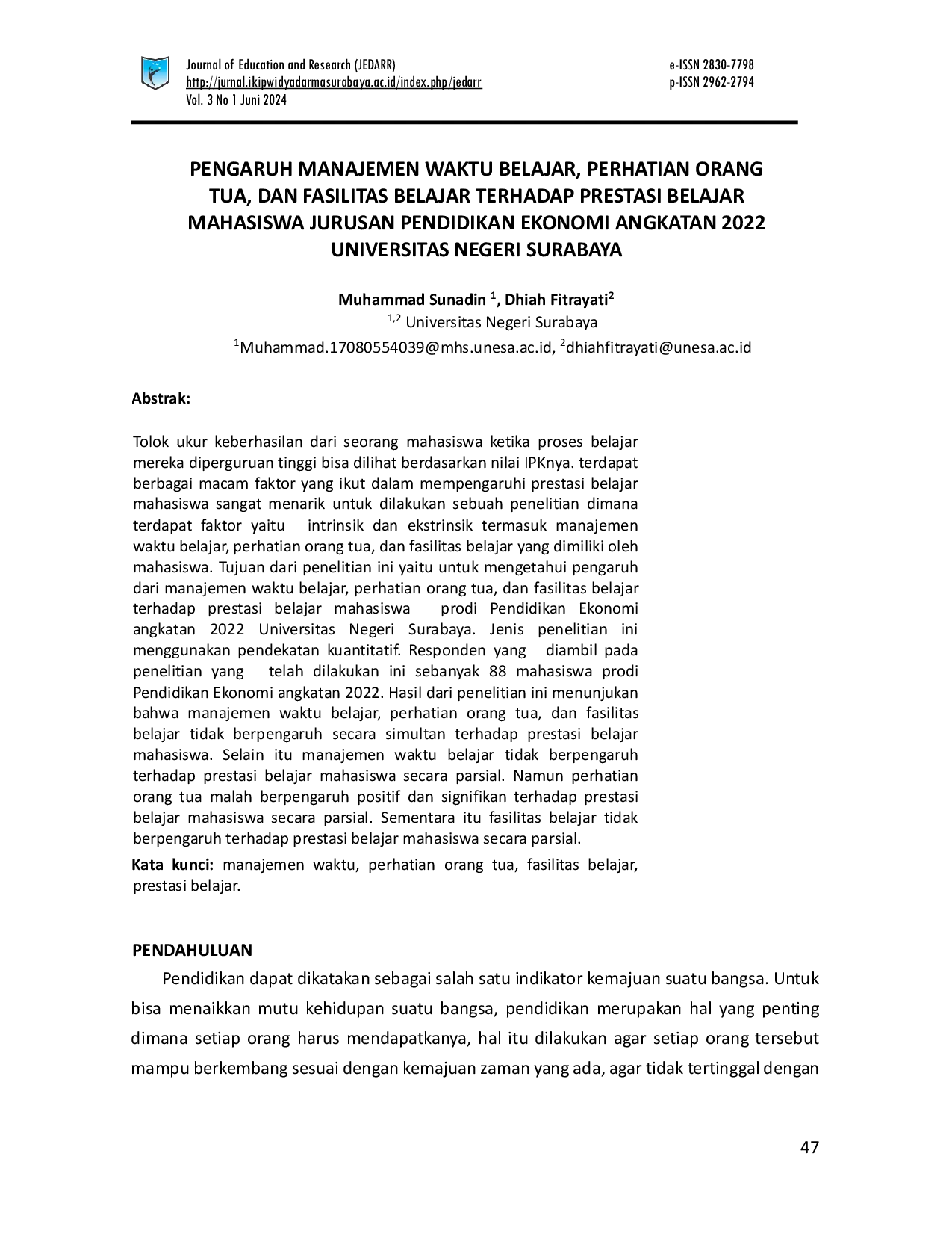 JURIS Pengaruh Manajemen Waktu Belajar Perhatian Orang Tua Dan Fasilitas Belajar Terhadap Prestasi Belajar Mahasiswa Jurusan Pendidikan Ekonomi Angkatan 2022 Universitas Negeri Surabaya