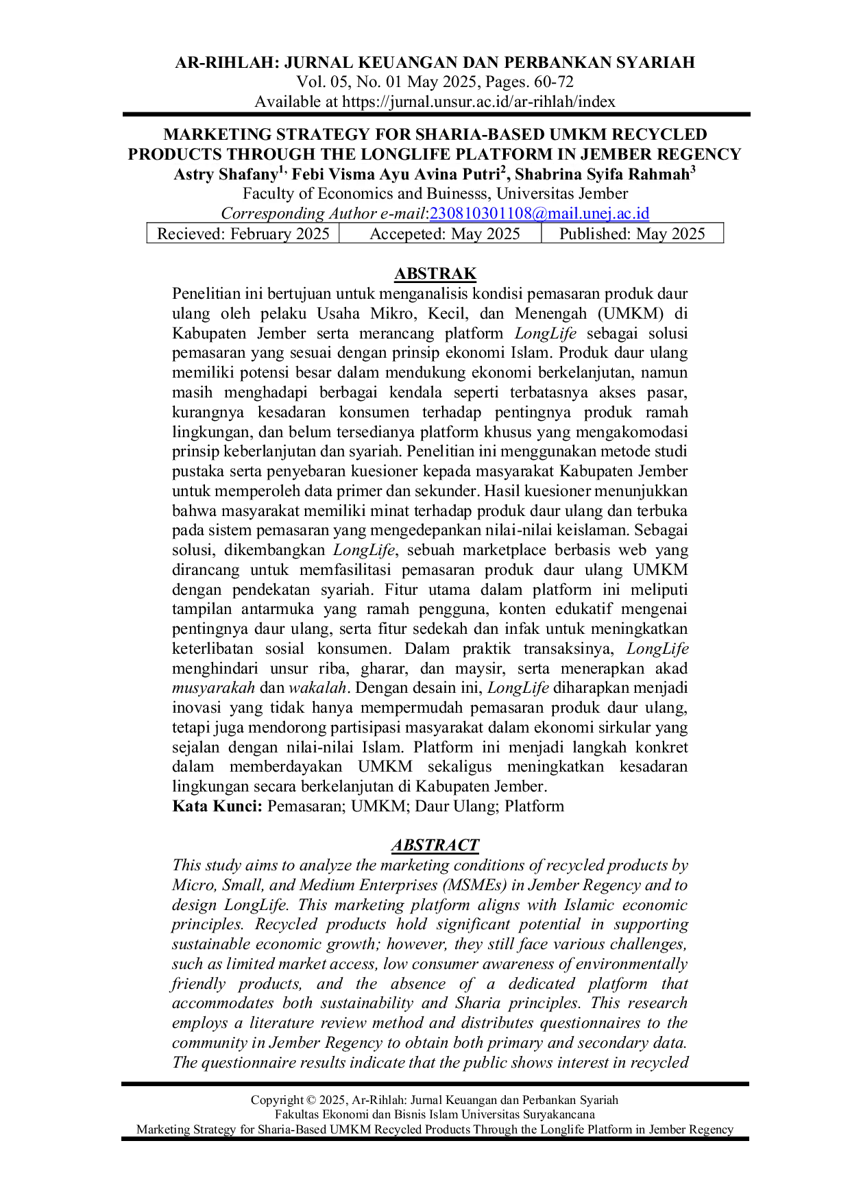 JURIS Marketing Strategy For Sharia Based Umkm Recycled Products Through The Longlife Platform In Jember Regency