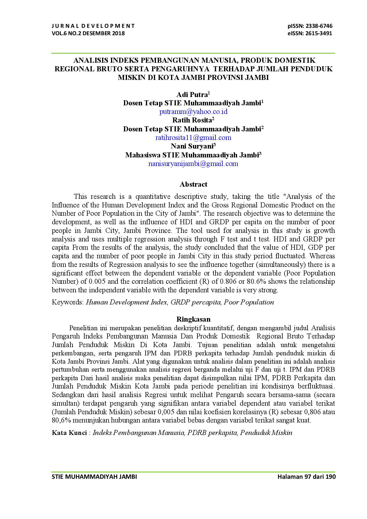 juris Analisis Indeks Pembangunan Manusia Produk Domestik Regional Bruto Serta Pengaruhnya Terhadap Jumlah Penduduk Miskin Di Kota Jambi Provinsi Jambi