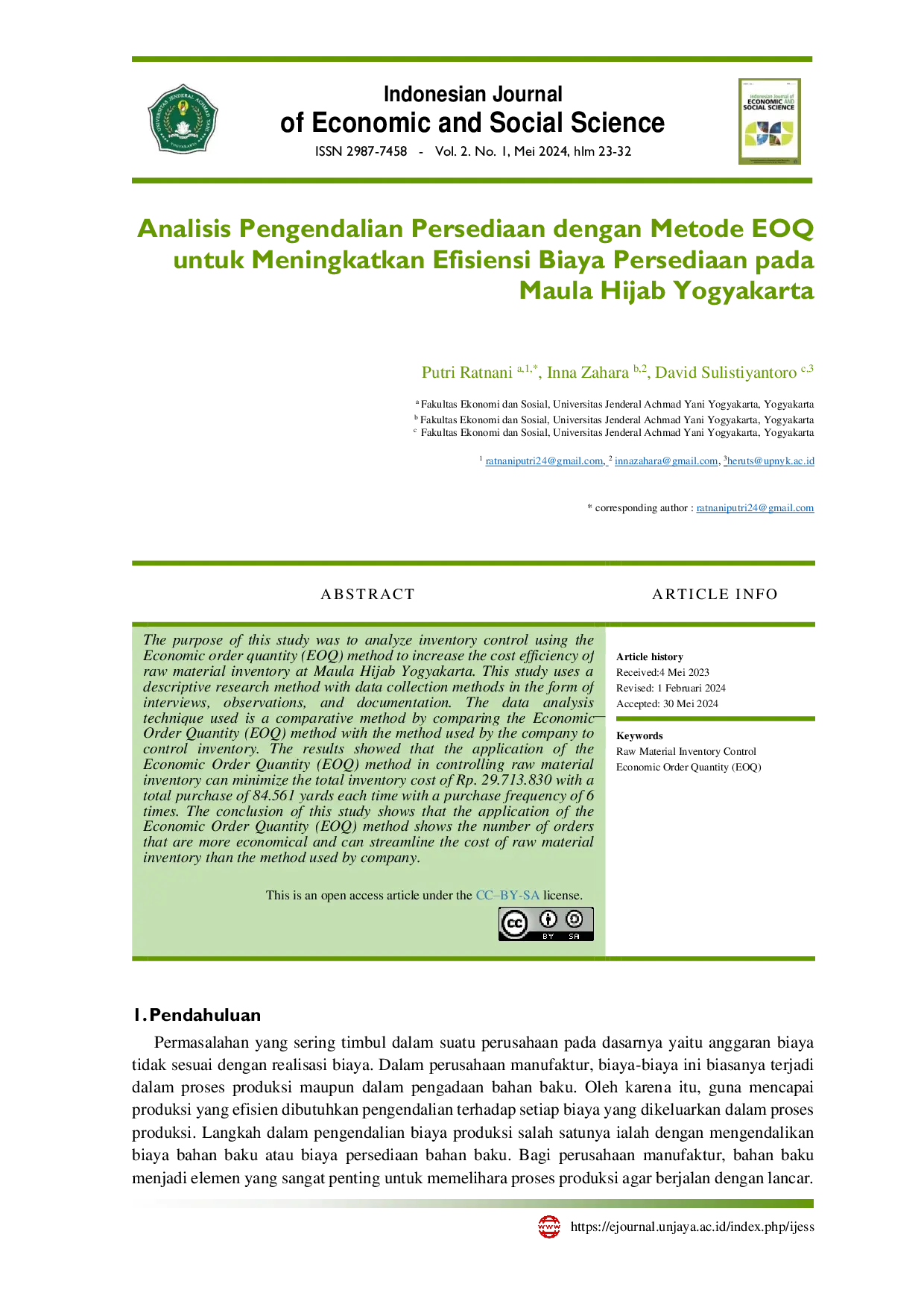 JURIS Analisis Pengendalian Persediaan dengan Metode Economic Order Quantity EOQ untuk Meningkatkan Efisiensi Biaya Persediaan Bahan Baku Studi Kasus pada Maula Hijab Yogyakarta