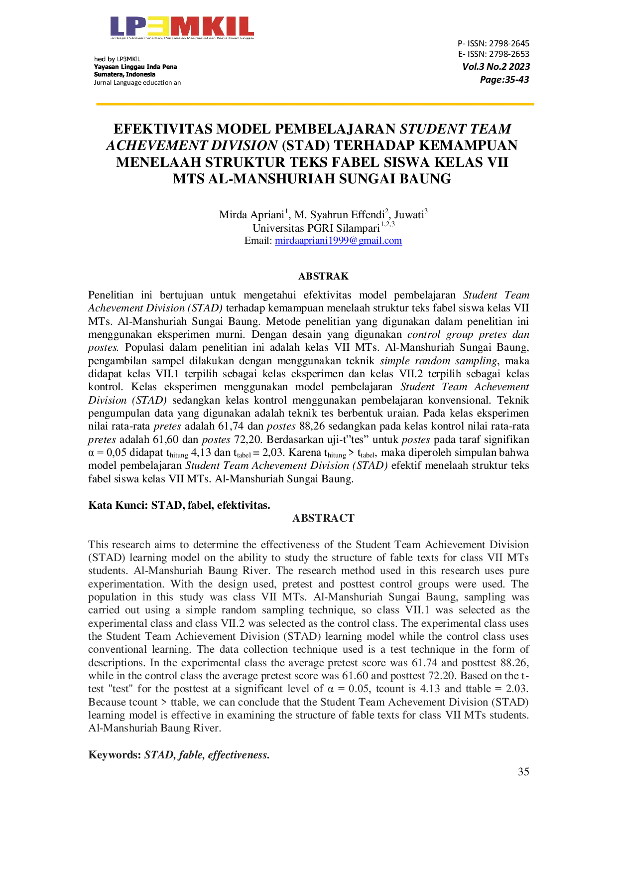 JURIS Efektivitas Model Pembelajaran Student Team Achievement Division Stad Terhadap Kemampuan Menelaah Struktur Teks Fabel Siswa Kelas Vii Mts Al Manshuriah Sungai Baung
