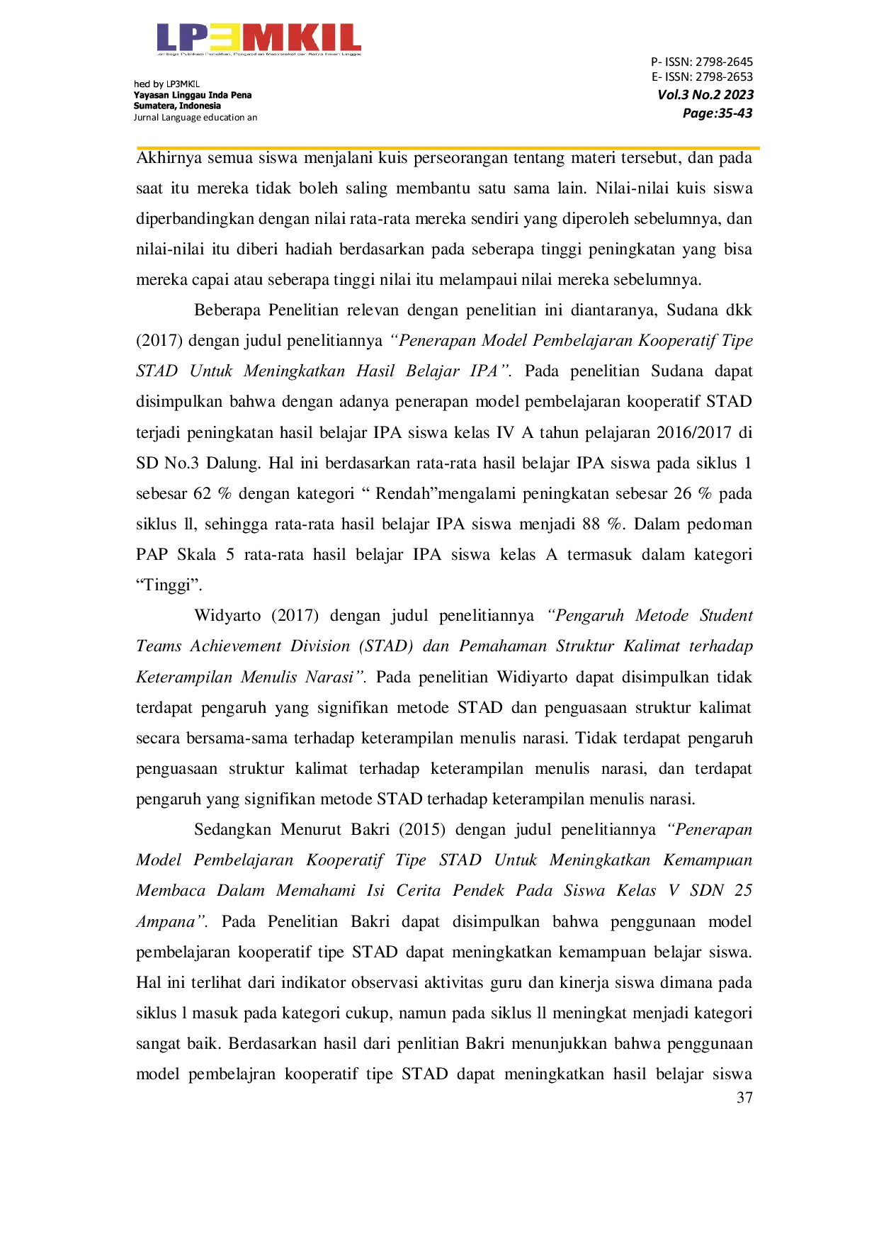 JURIS Efektivitas Model Pembelajaran Student Team Achievement Division Stad Terhadap Kemampuan Menelaah Struktur Teks Fabel Siswa Kelas Vii Mts Al Manshuriah Sungai Baung