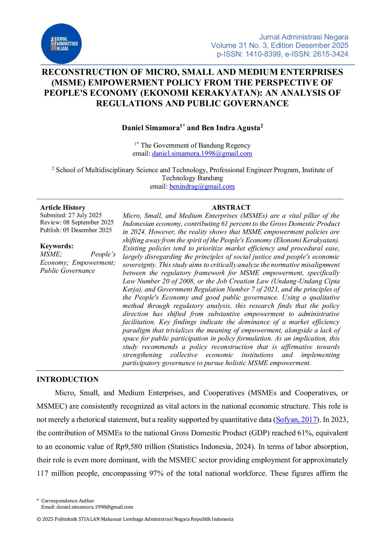 JURIS Reconstruction of Micro Small and Medium Enterprises MSME Empowerment Policy from the Perspective of People s Economy Ekonomi Kerakyatan An Analysis of Regulations and Public Governance