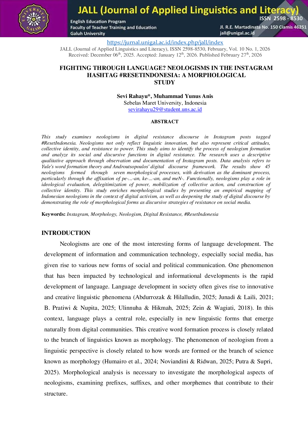 JURIS Fighting through language Neologisms in the Instagram hashtag ResetIndonesia A morphological study