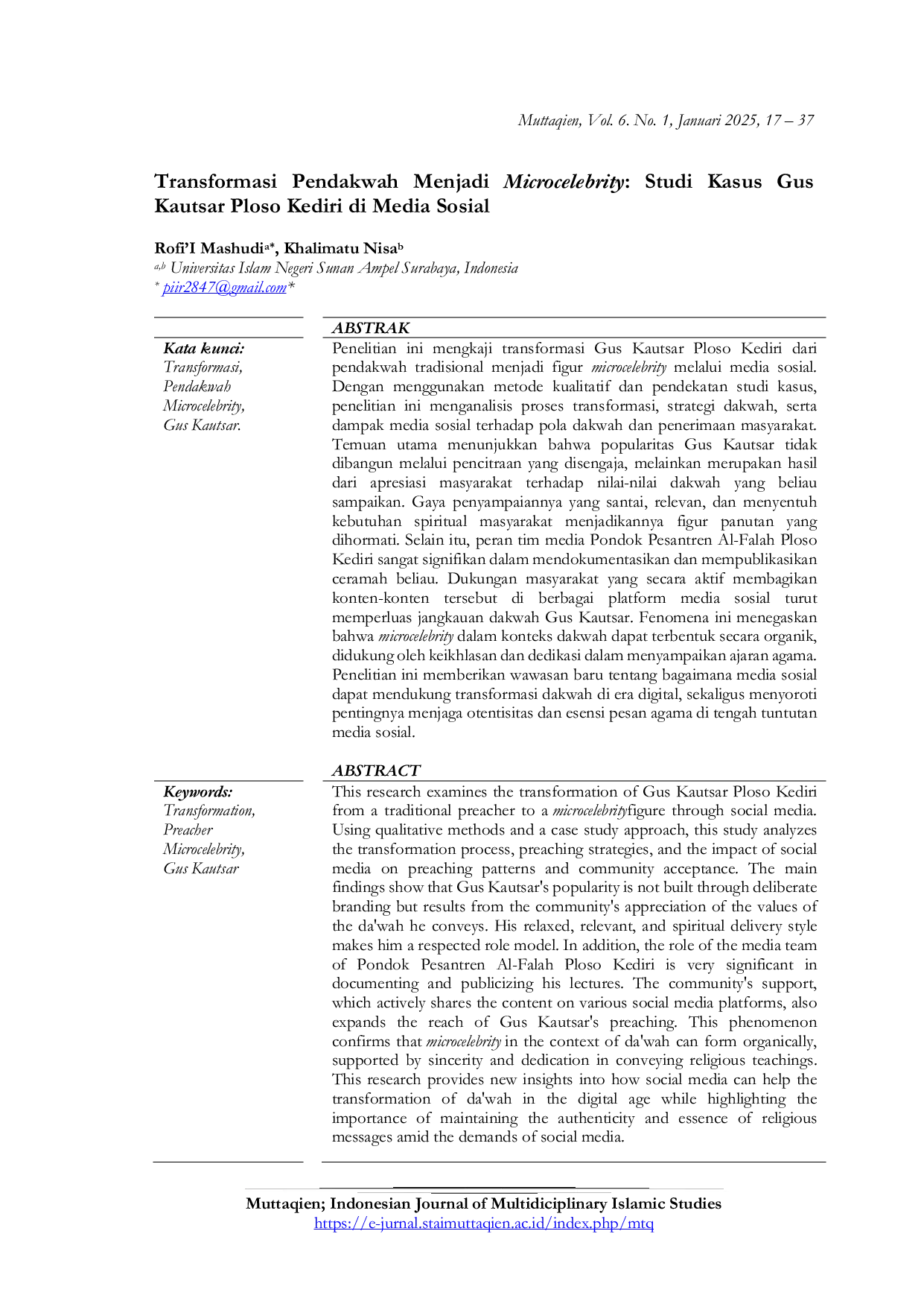 JURIS Transformasi Pendakwah Menjadi Microcelebrity Studi Kasus Gus Kautsar Ploso Kediri di Media Sosial