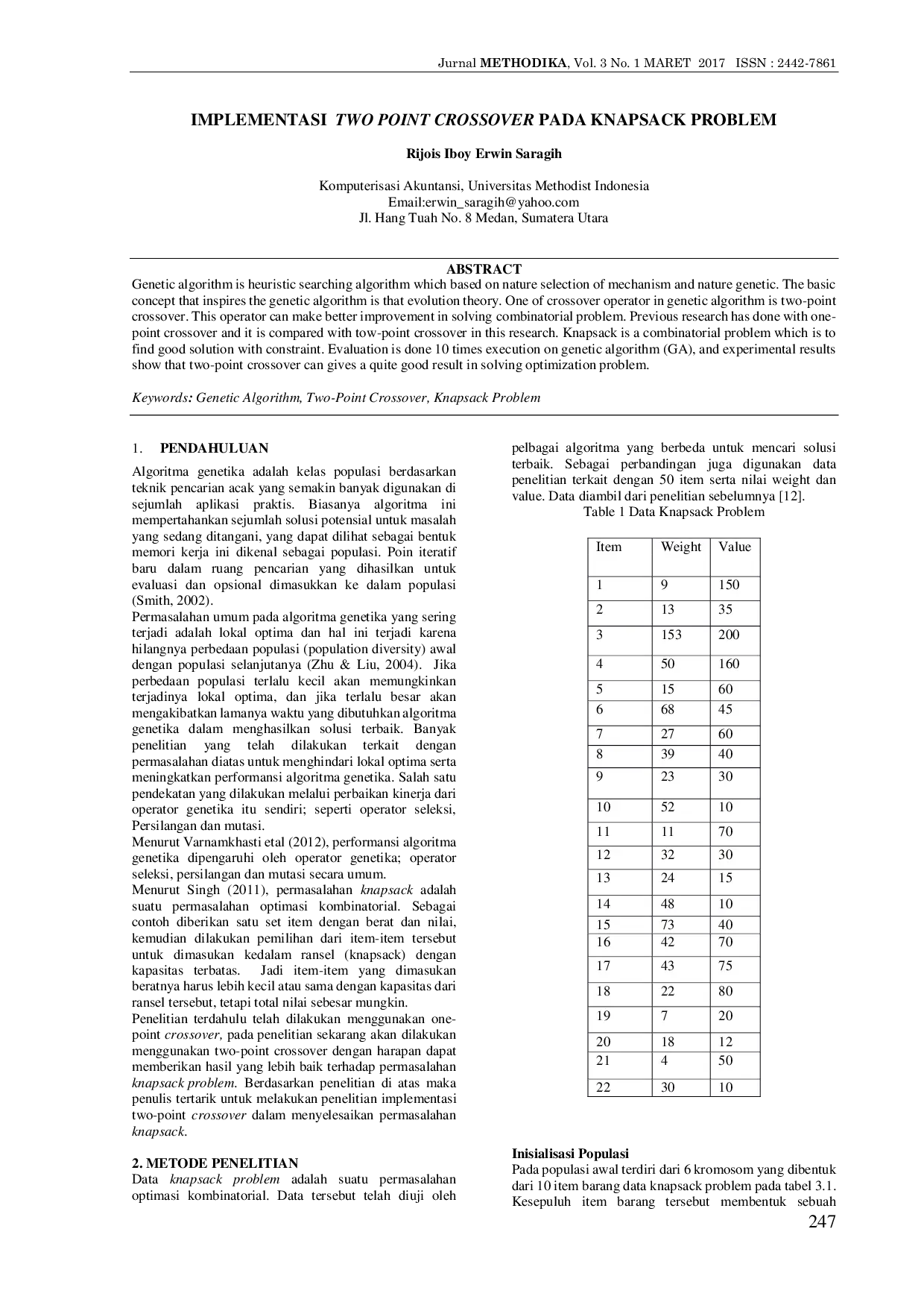 JURIS Implementasi Two Point Crossover Pada Knapsack Problem