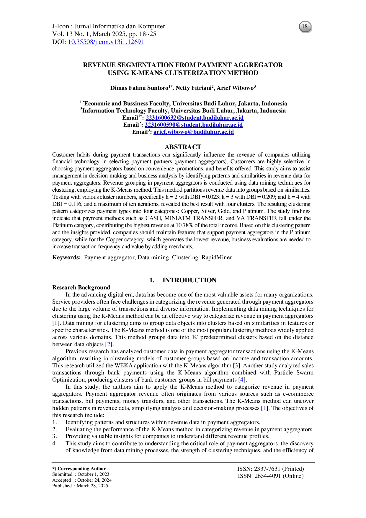 JURIS Revenue Segmentation from Payment Aggregator Using K Means Clusterization Method