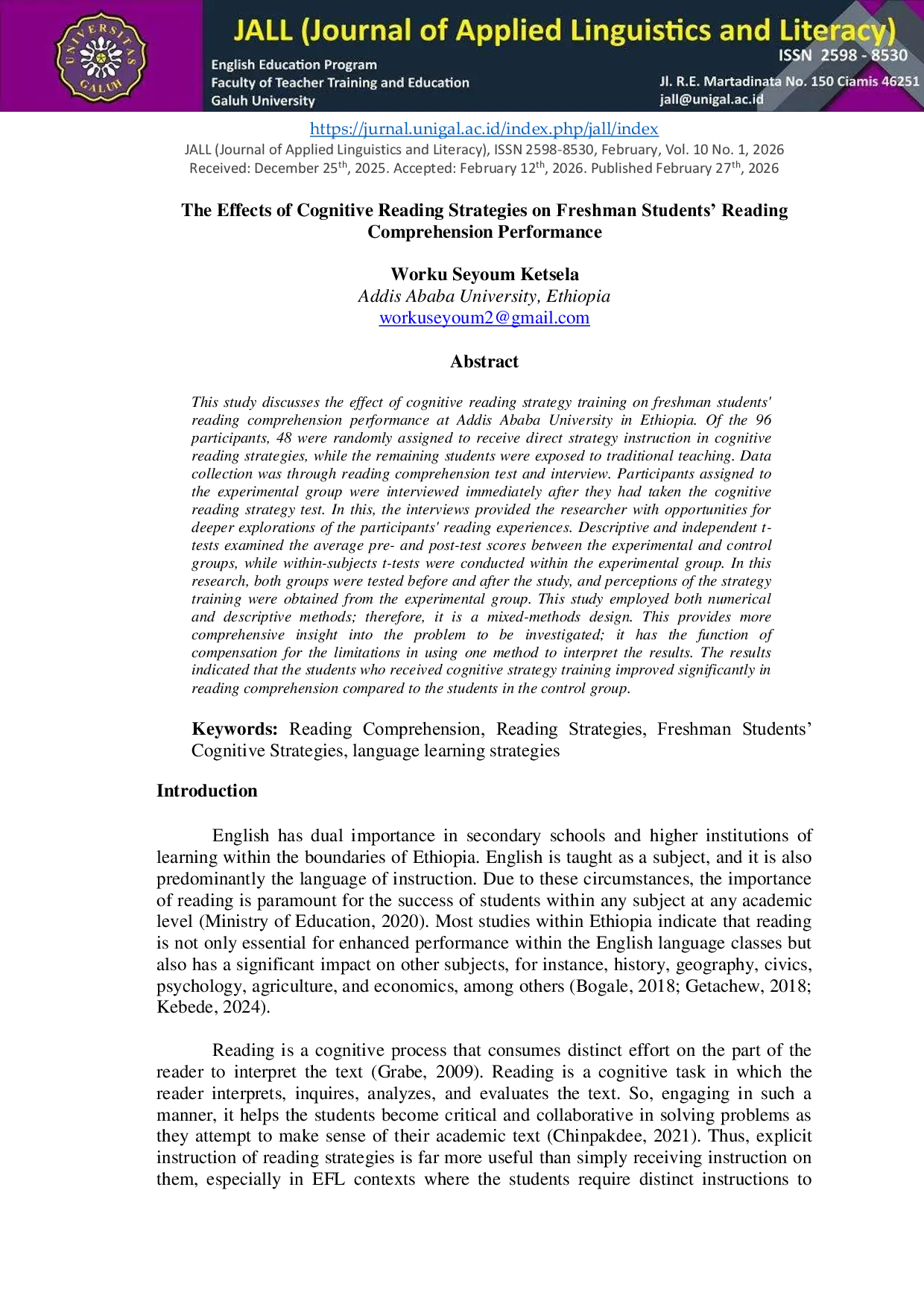 JURIS The Effects of Cognitive Reading Strategies on Freshman Students Reading Comprehension Performance