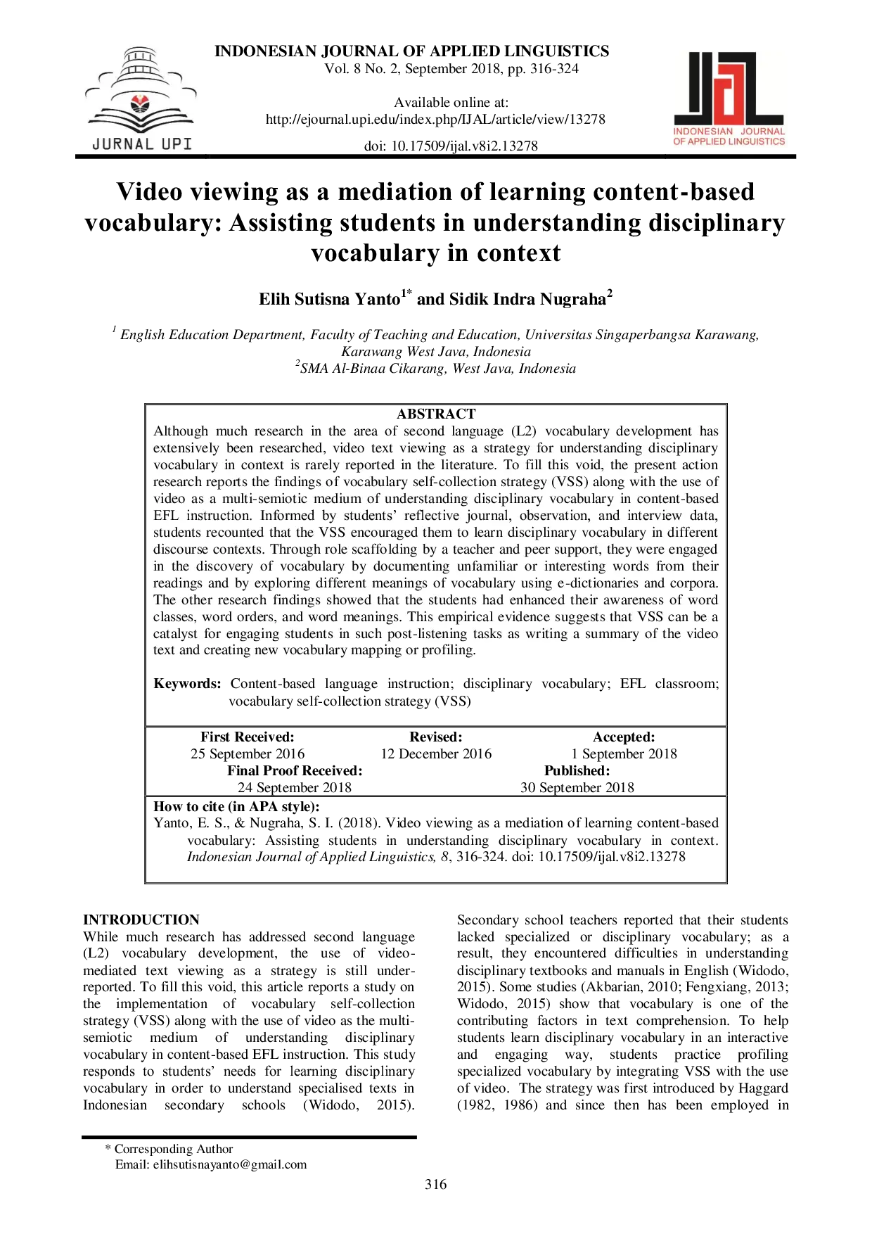 JURIS Video viewing as a mediation of learning content based vocabulary Assisting students in understanding disciplinary vocabulary in context