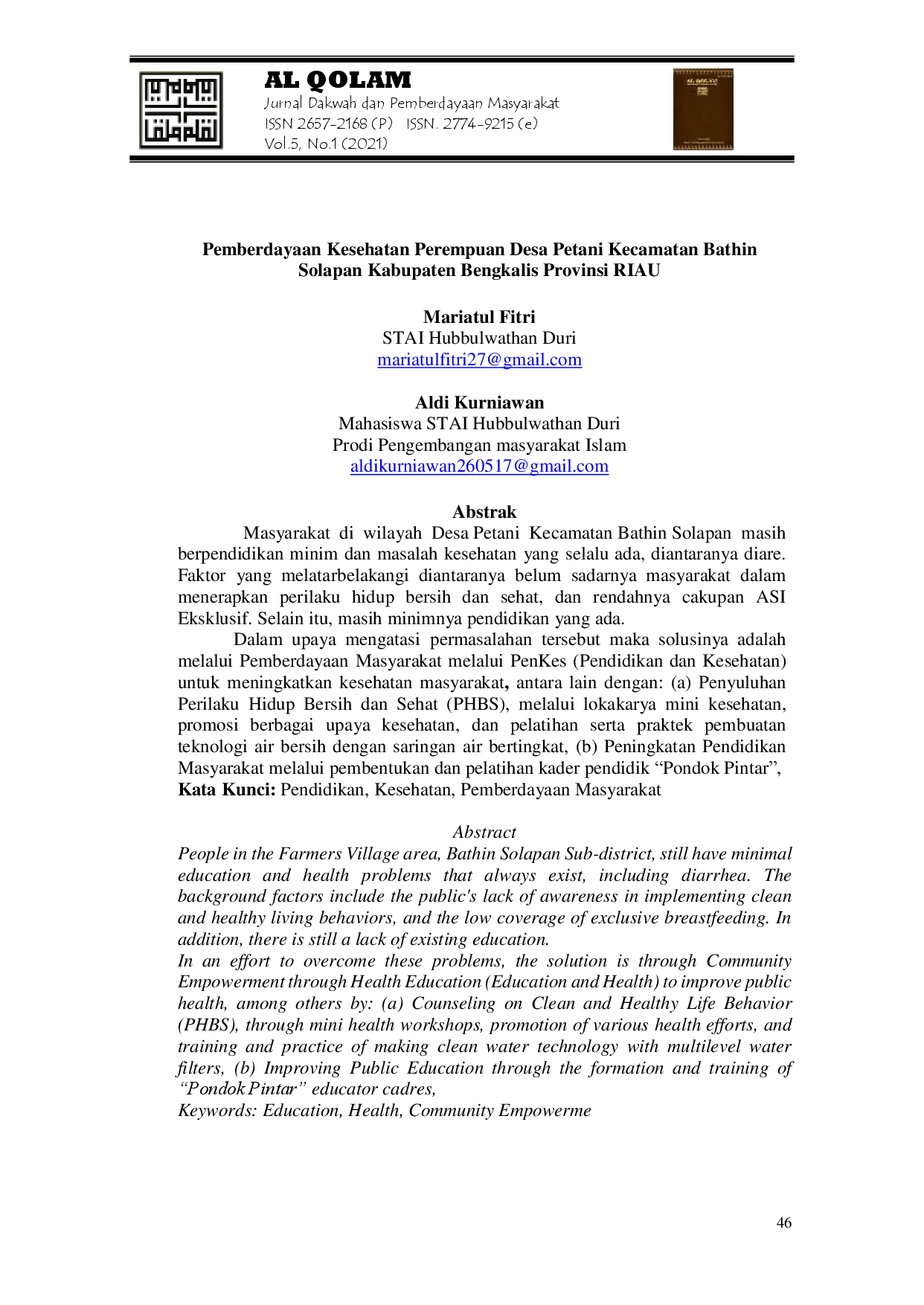 juris Pemberdayaan Kesehatan Perempuan Desa Petani Kecamatan Bathin Solapan Kabupaten Bengkalis Provinsi Riau