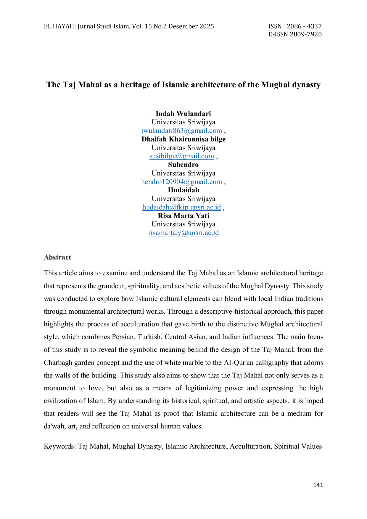JURIS The Taj Mahal as a heritage of Islamic architecture of the Mughal dynasty
