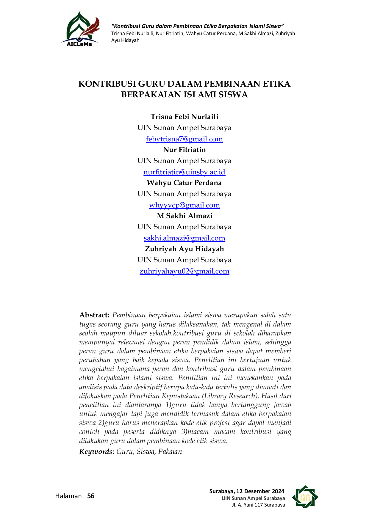 JURIS Kontribusi Guru dalam Pembinaan Etika Berpakaian Islami Siswa