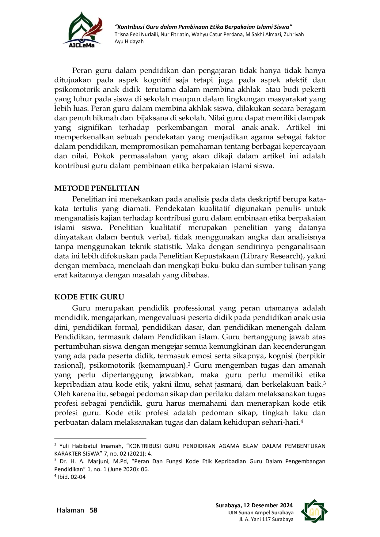 JURIS Kontribusi Guru dalam Pembinaan Etika Berpakaian Islami Siswa