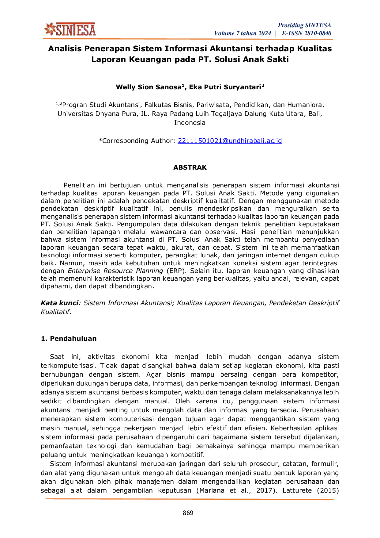 JURIS Analisis Penerapan Sistem Informasi Akuntansi terhadap Kualitas Laporan Keuangan pada PT Solusi Anak Sakti