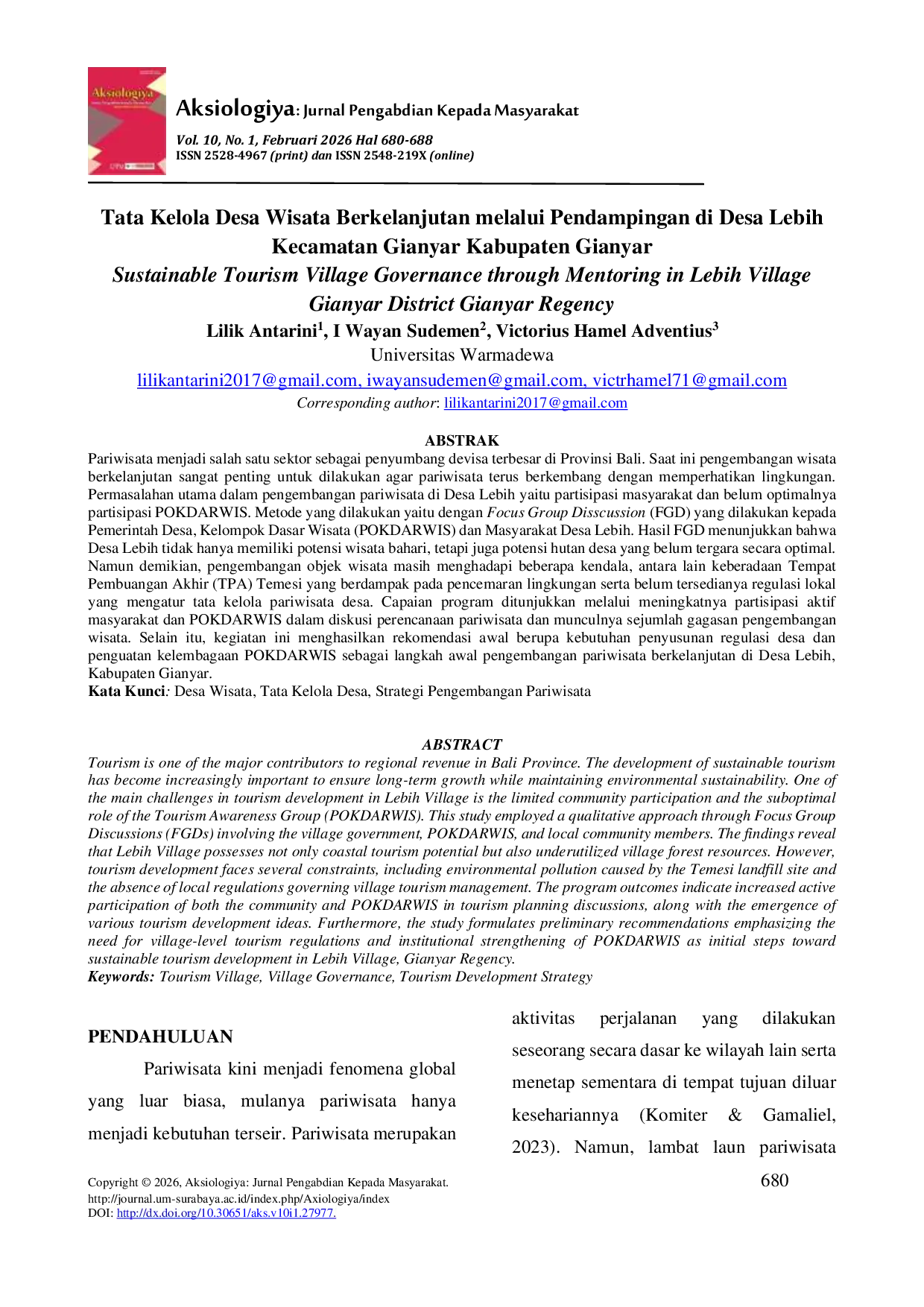 JURIS Tata Kelola Desa Wisata Berkelanjutan melalui Pendampingan di Desa Lebih Kecamatan Gianyar Kabupaten Gianyar