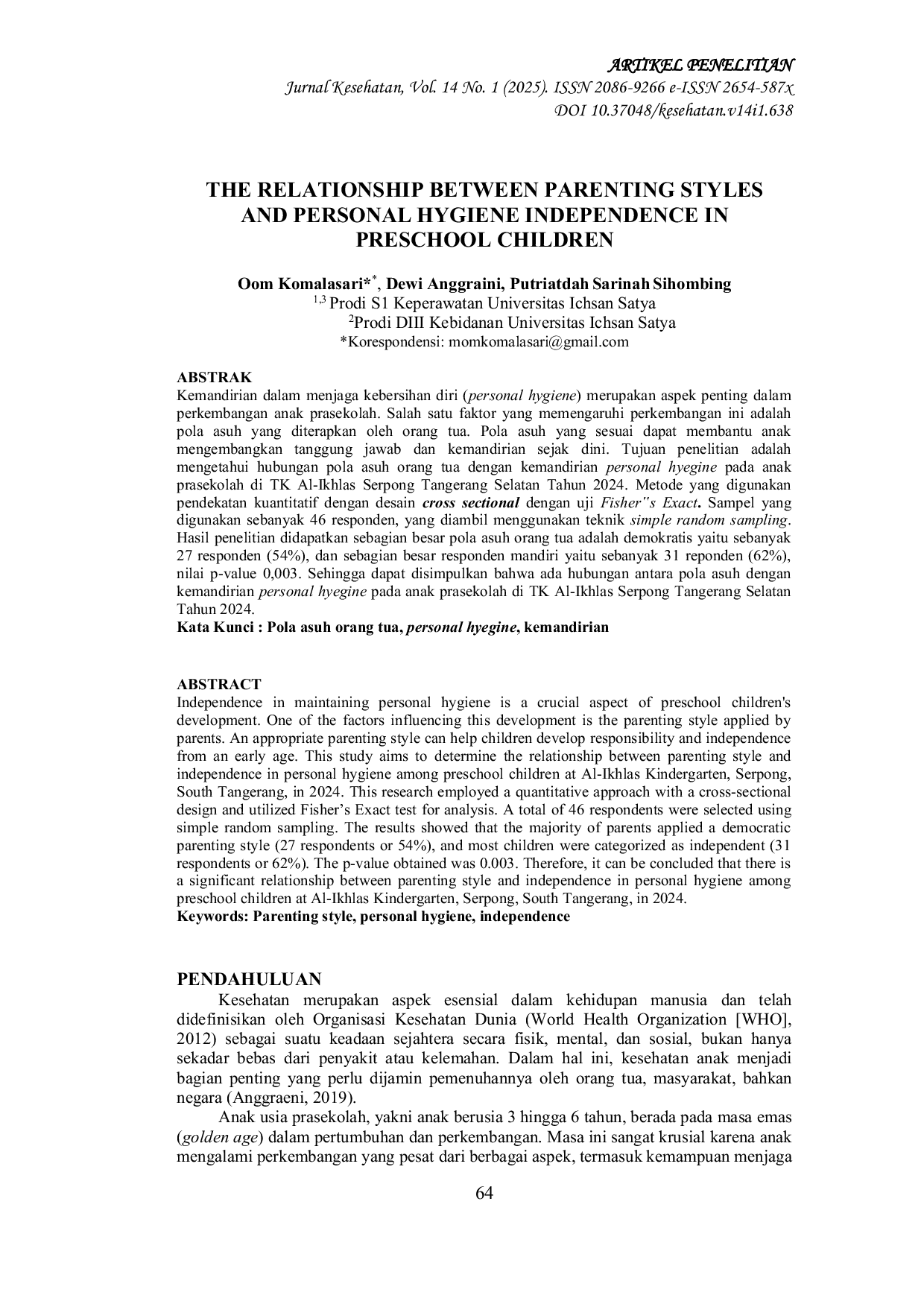 JURIS The Relationship Between Parenting Styles And Personal Hygiene Independence In Preschool Children