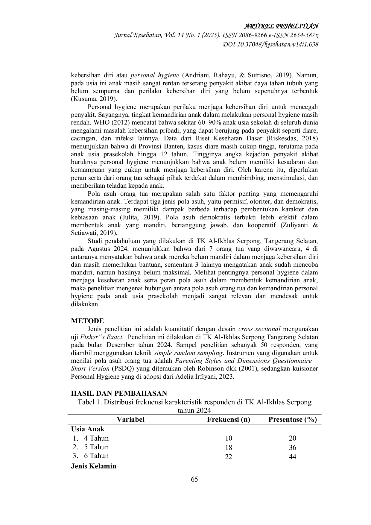 JURIS The Relationship Between Parenting Styles And Personal Hygiene Independence In Preschool Children