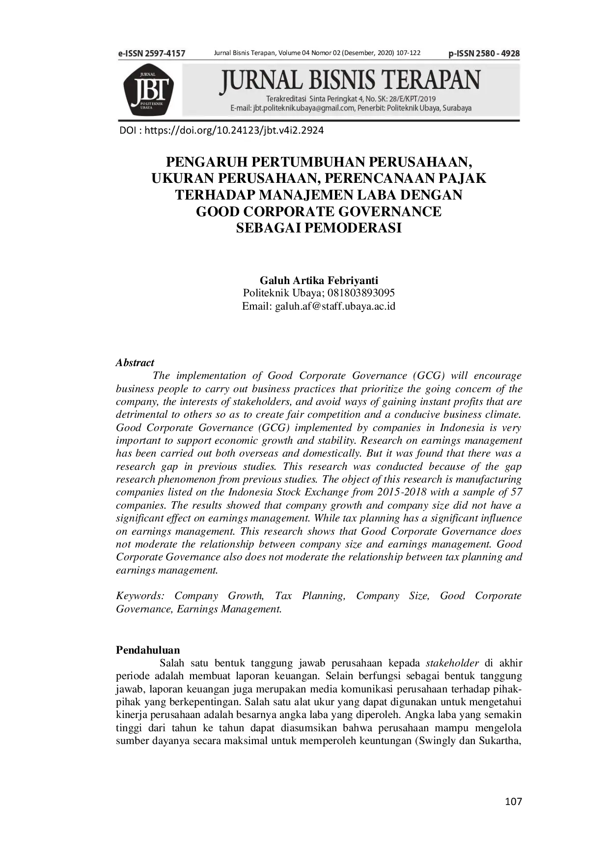 JURIS Pengaruh Pertumbuhan Perusahaan Ukuran Perusahaan Perencanaan Pajak Terhadap Manajemen Laba Dengan Good Corporate Governance Sebagai Pemoderasi