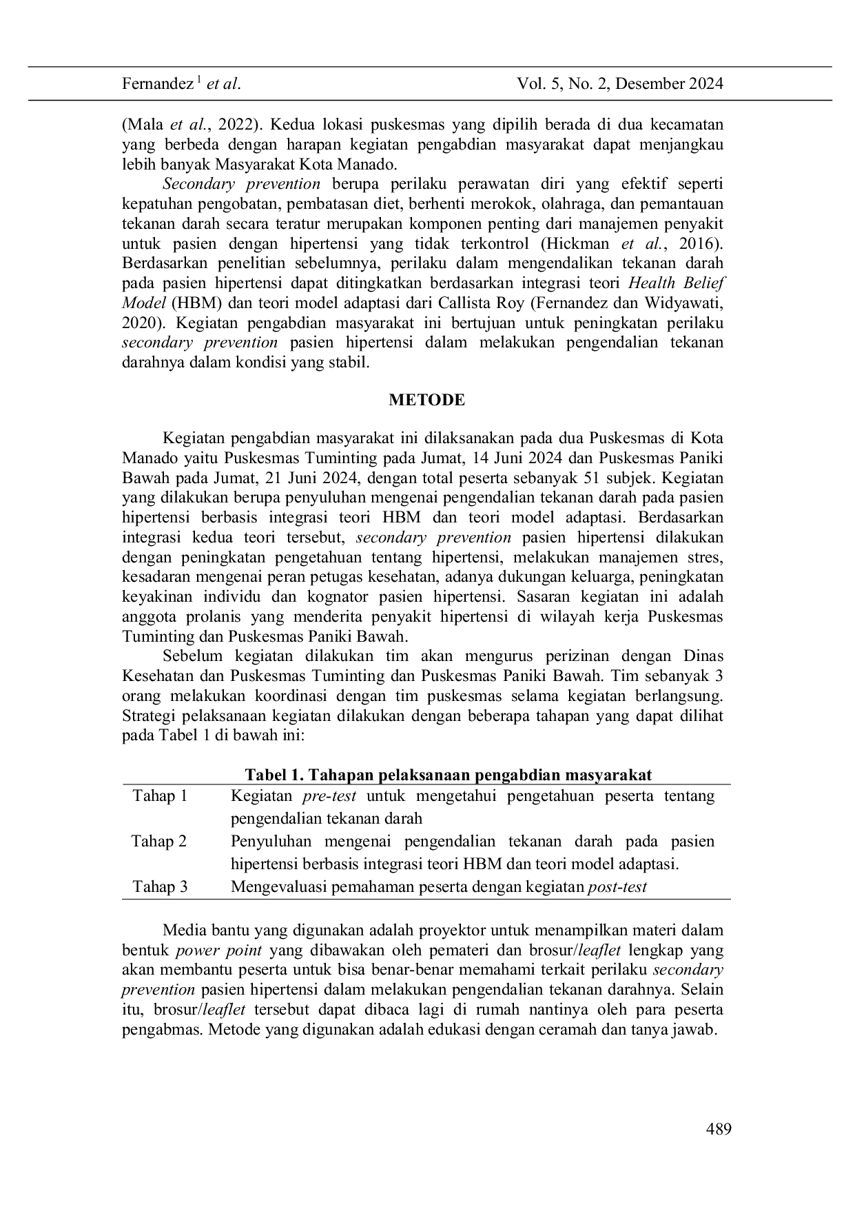 JURIS Secondary Prevention Pada Pasien Hipertensi Melalui Penyuluhan Pengendalian Tekanan Darah Berbasis Integrasi Teori Health Belief Model Dan Model Adaptasi