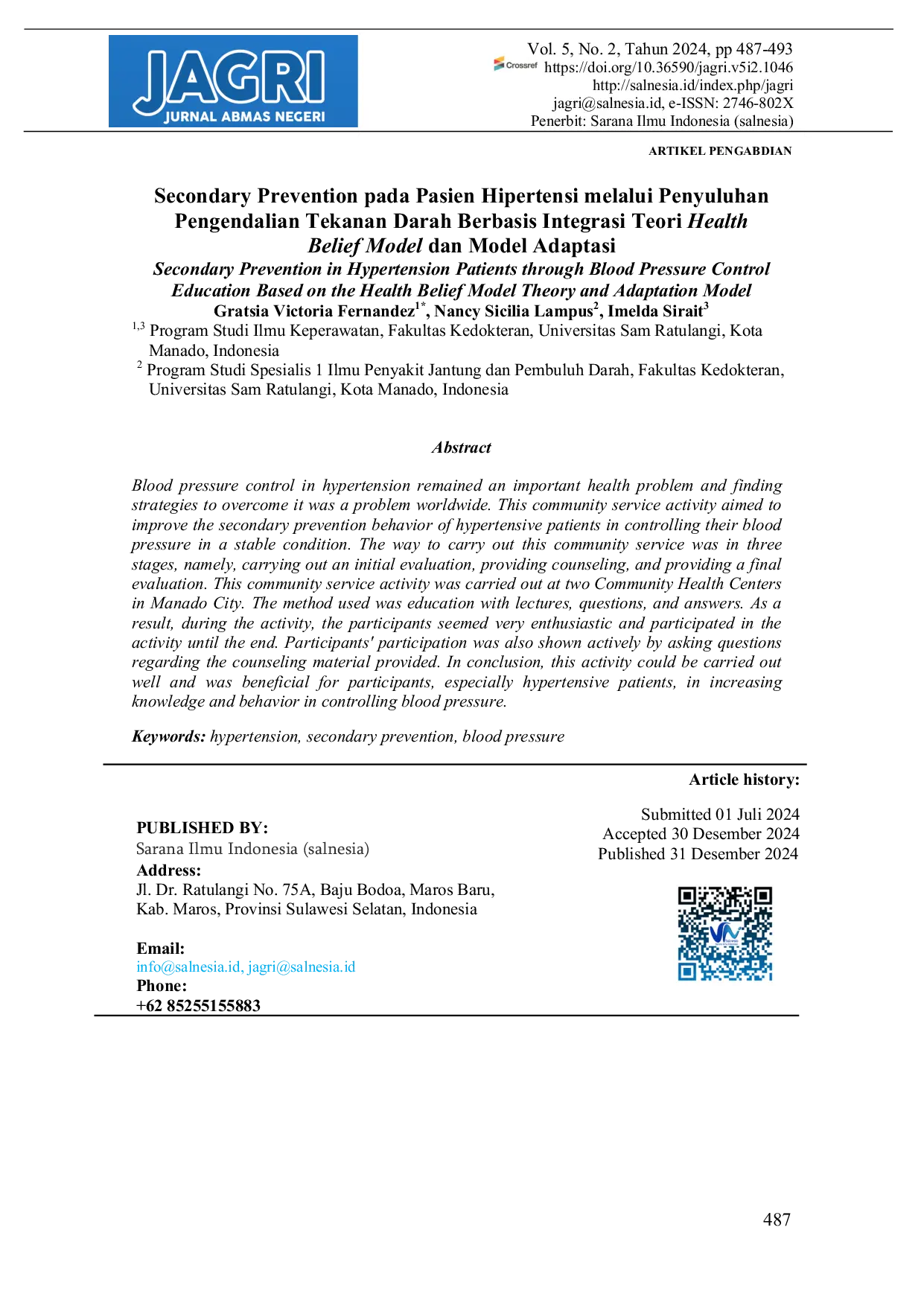 JURIS Secondary Prevention Pada Pasien Hipertensi Melalui Penyuluhan Pengendalian Tekanan Darah Berbasis Integrasi Teori Health Belief Model Dan Model Adaptasi