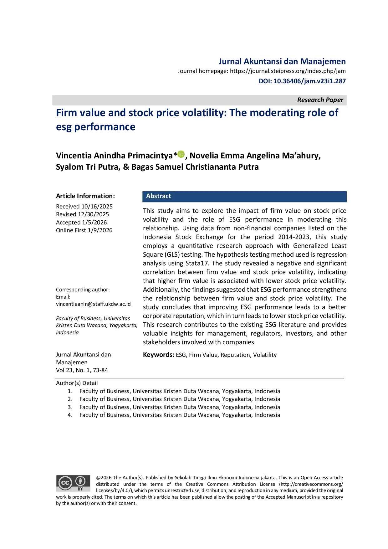 JURIS Firm value and stock price volatility The moderating role of esg performance