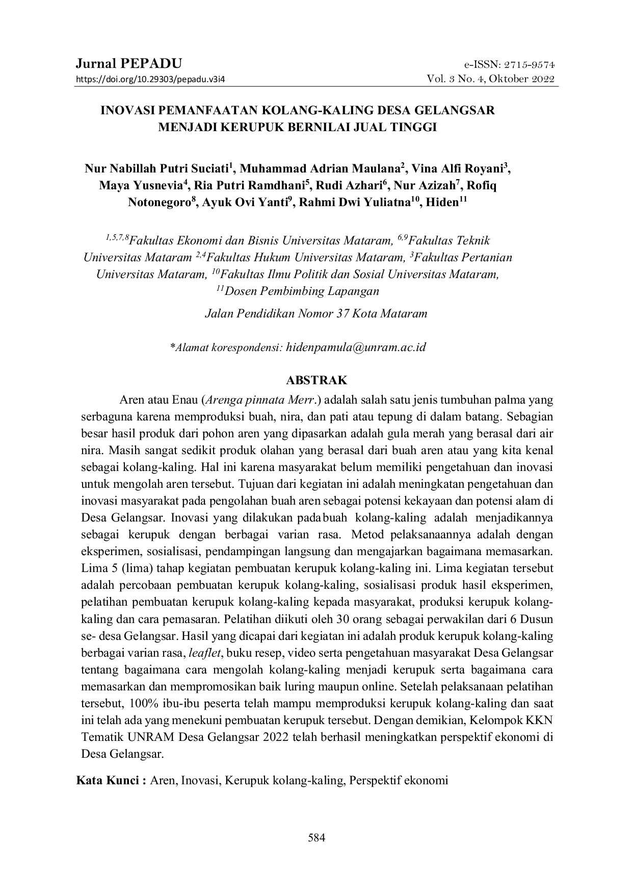 JURIS Inovasi Pemanfaatan Kolang Kaling Desa Gelangsar Menjadi Kerupuk Bernilai Jual Tinggi